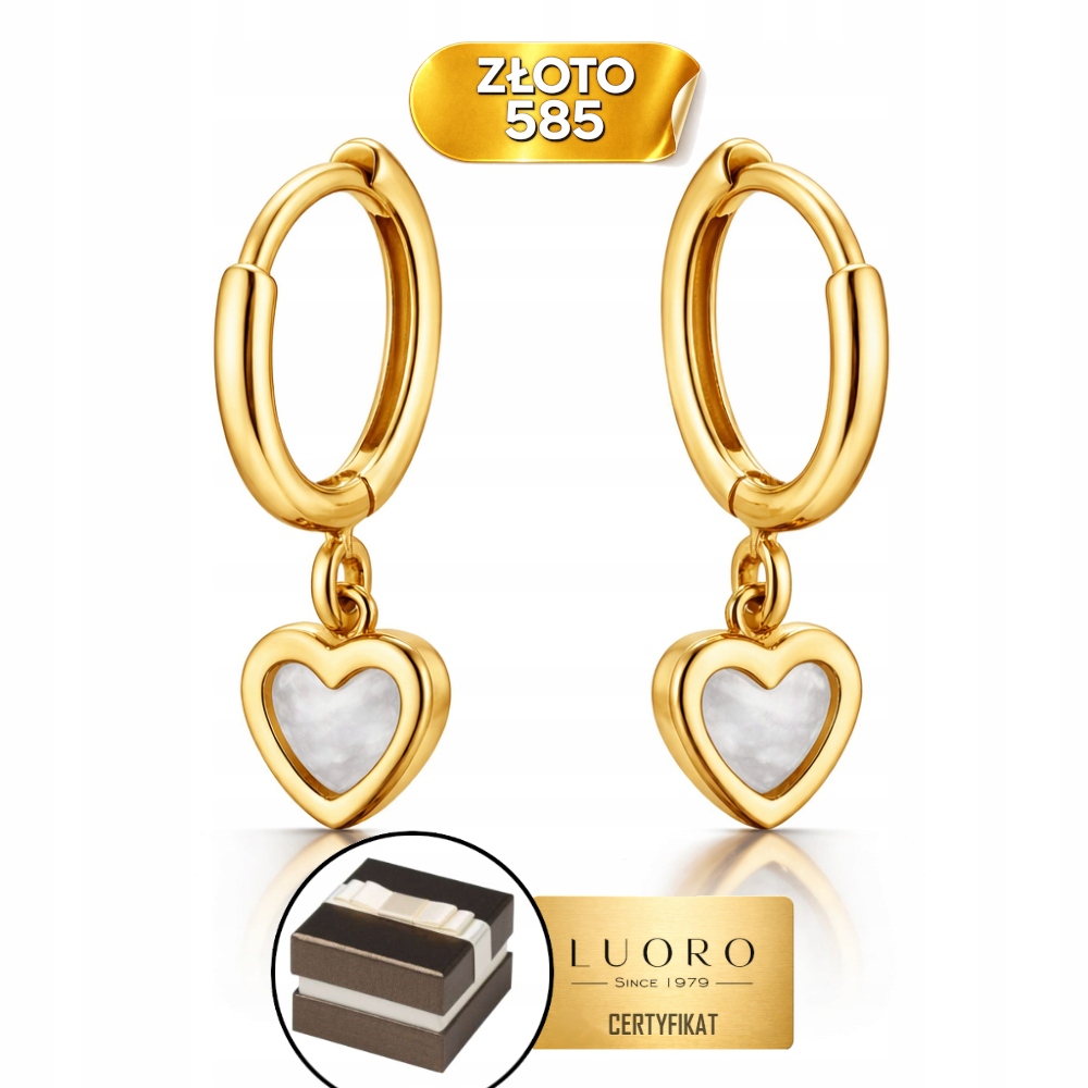 Náušnice Zlaté 585 14K Kroužek Se Srdcem Perlová Hmota 16 MM Elegantní