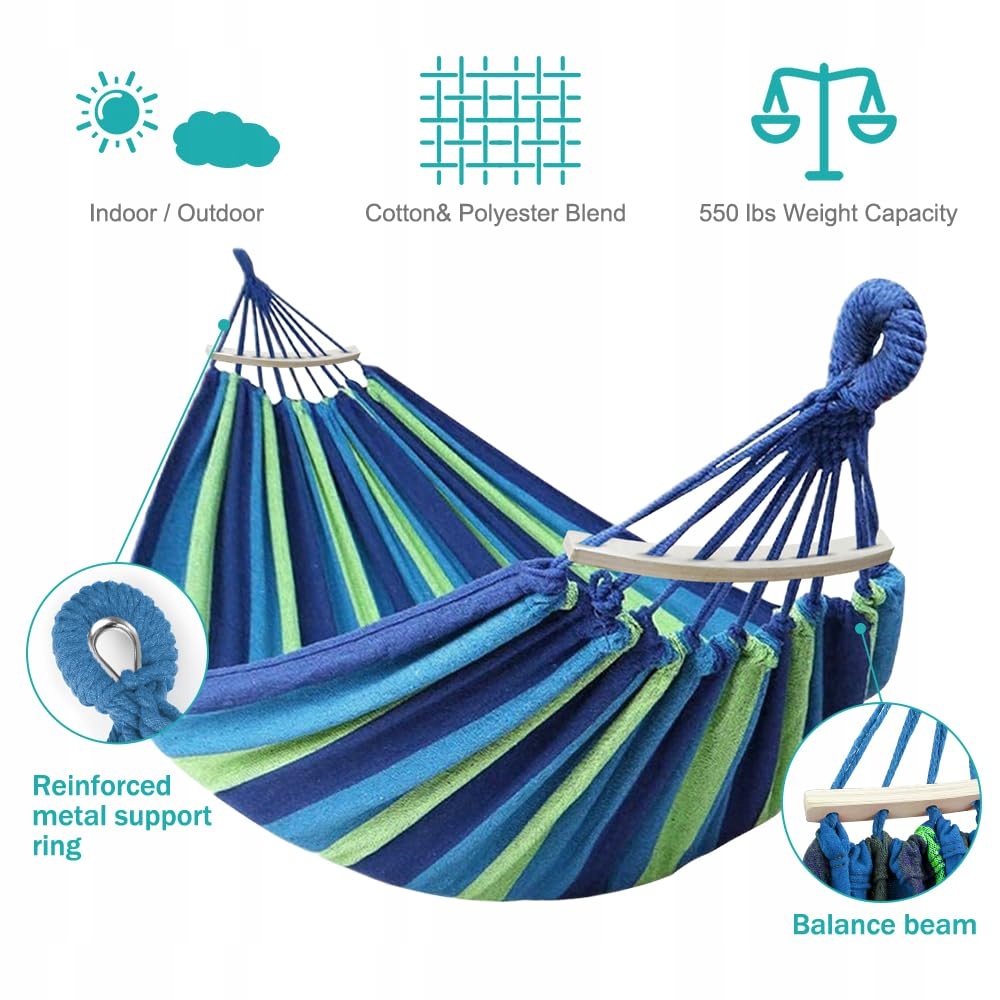 Hamak Outdoor Camping Z Drewnianą Belką I Torbą Na Balkon Ogród Paski — miniatura 2