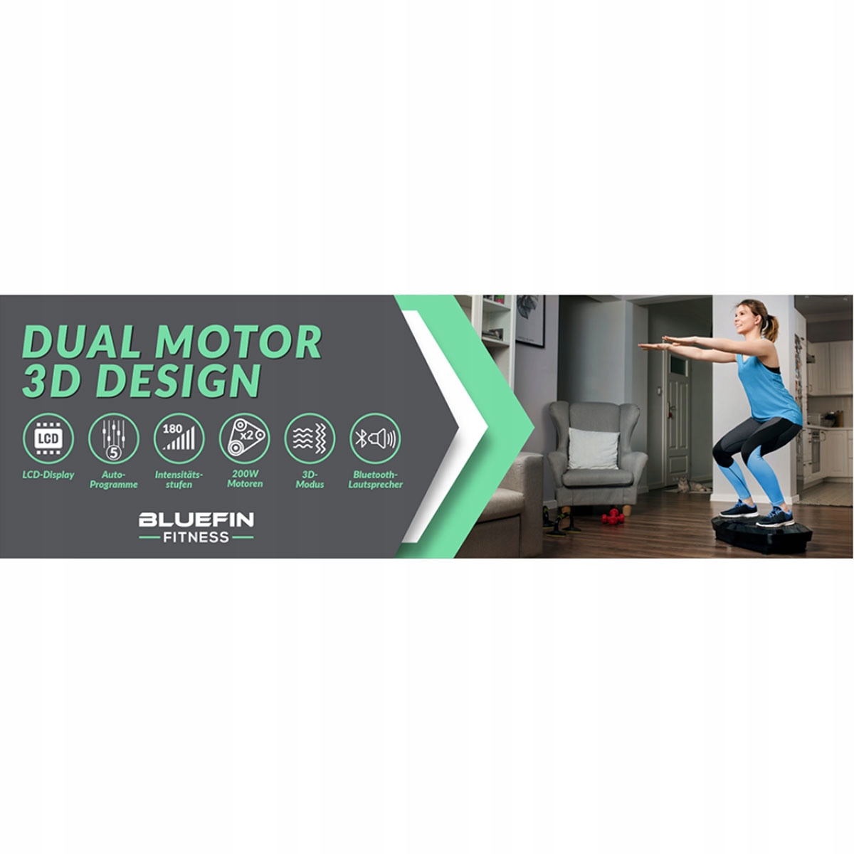 Vibrationsplattform Bluefin FITNESS 3 D Bluetooth Lautsprecher Fernbedienungsbänder Körperteile Hüften Bauch Waden Gesäß Schulter Oberschenkel