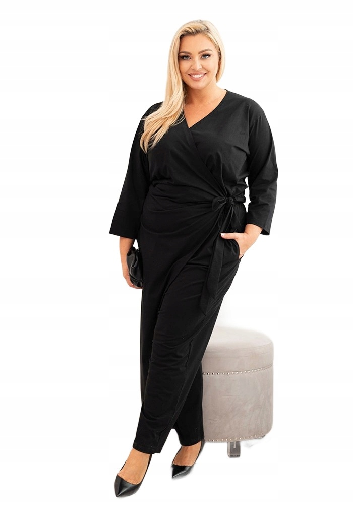 Černá dámská bavlněná kombinéza Plus Size se zavazováním v pase 4XL