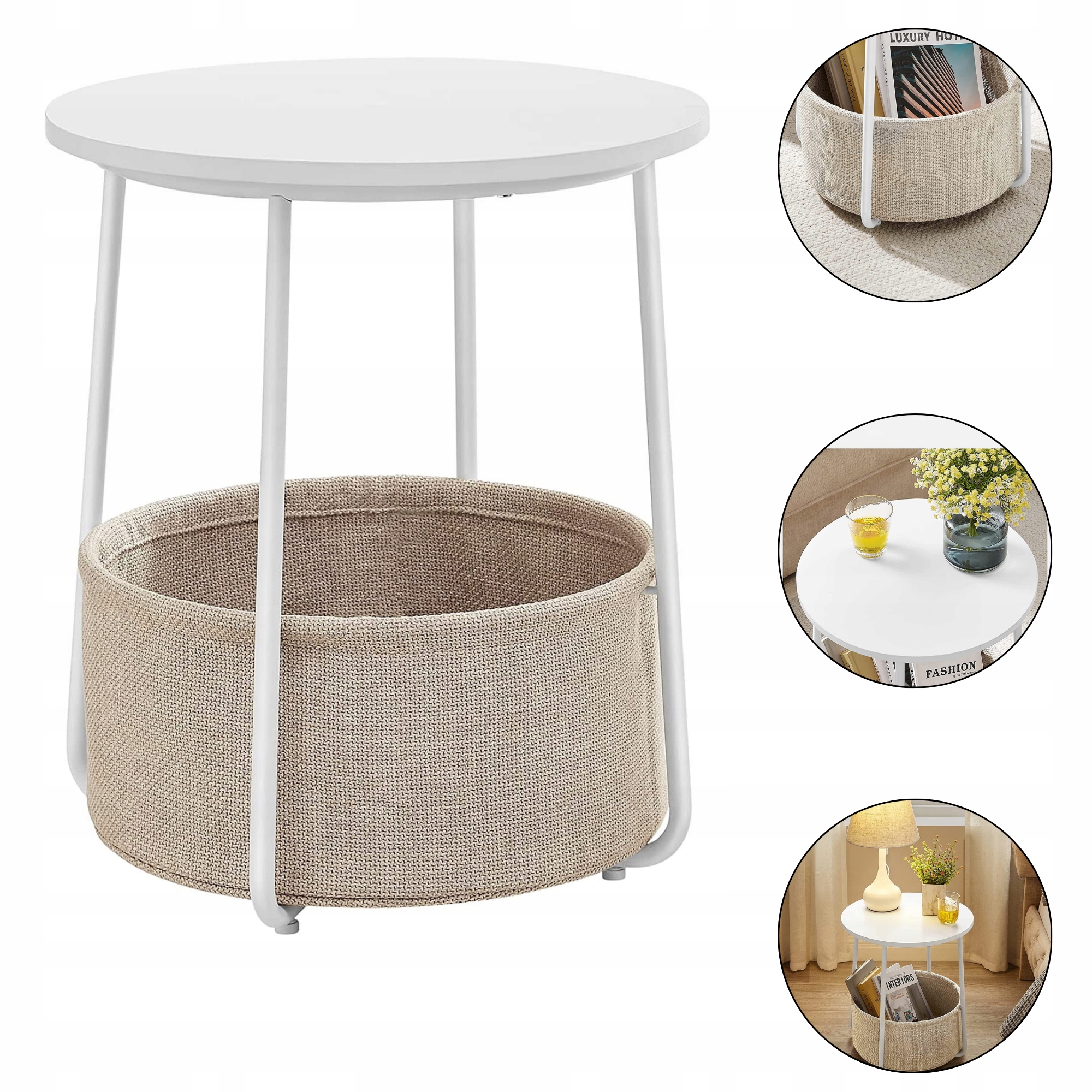 Elegantní konferenční stolek, kulatý stolek s košem z látky, bílý a béžový