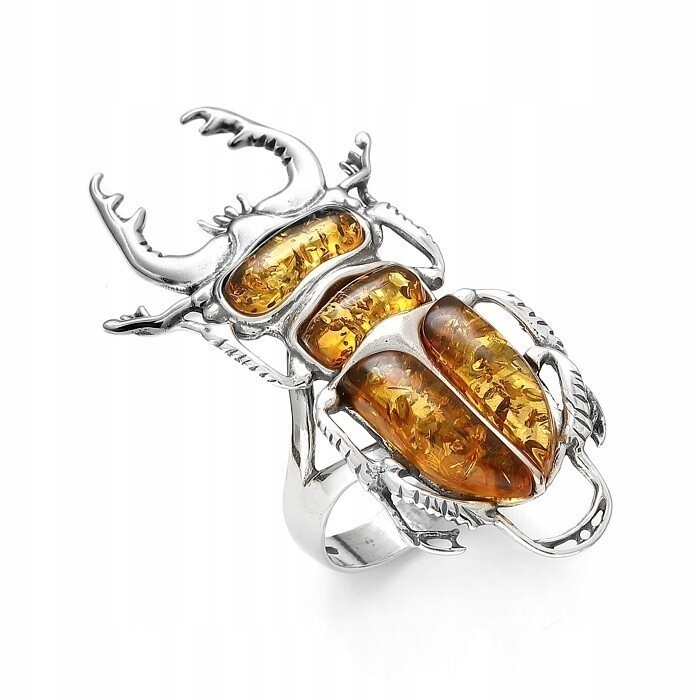 Srebrny Pierścionek Żuk Z Bursztynem Rozmiar Regulowany