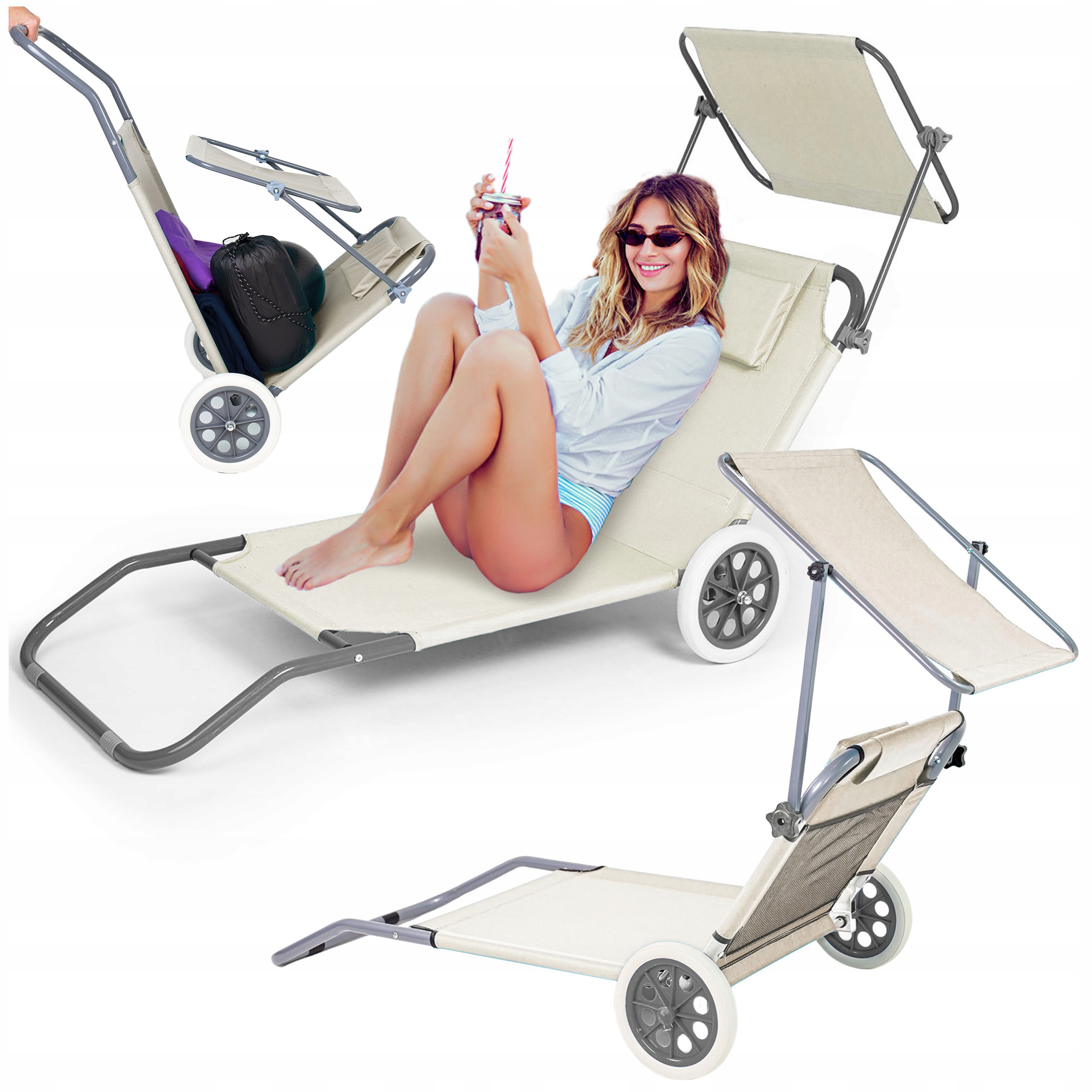 Leżak Składany Ogrodowy Plażowy Krzesło Wózek Na Kółkach Leżanka Z Daszkiem