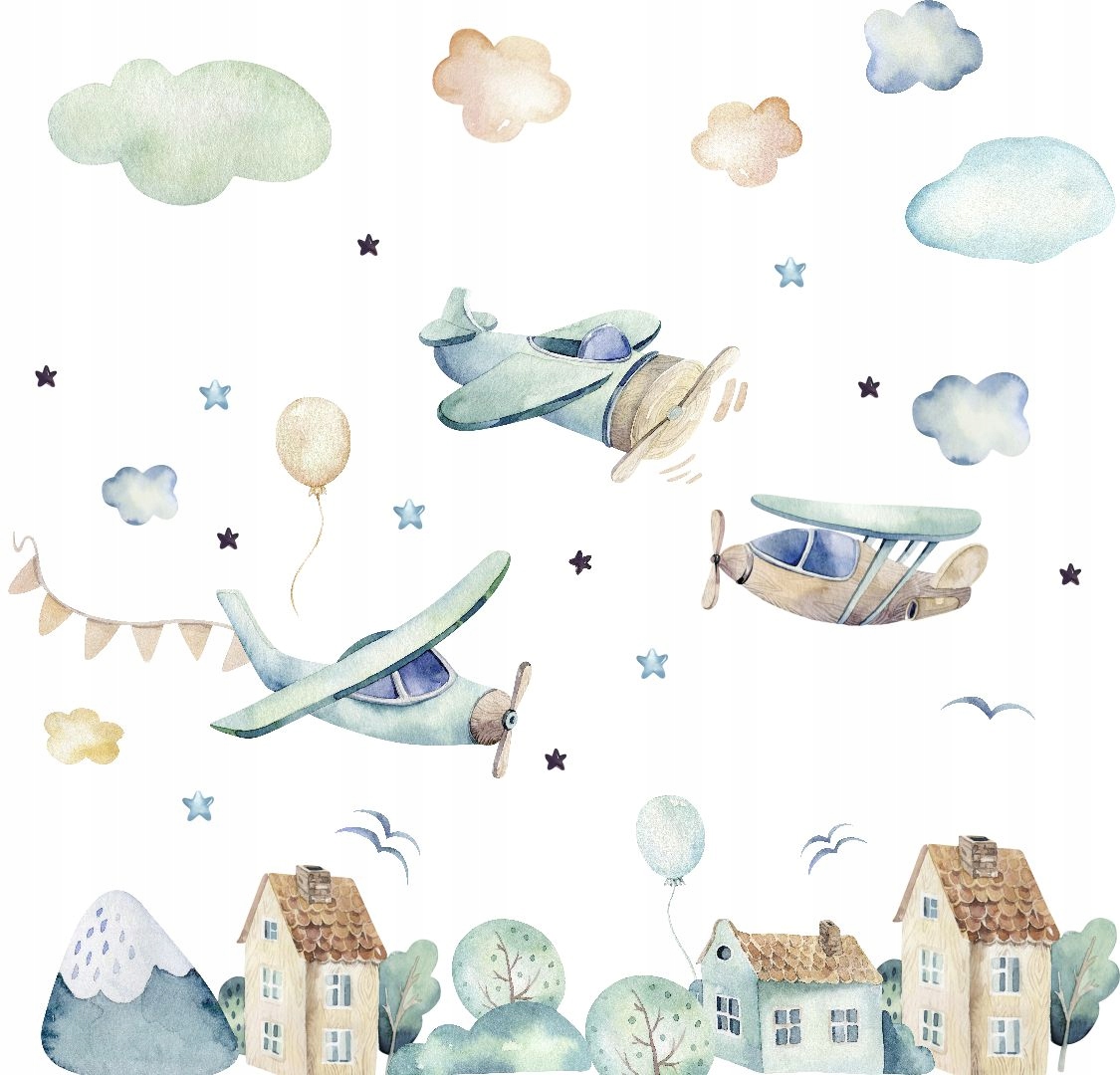 AIR, САМОЛЕТЫ, ВОЗДУШНЫЕ ШАРЫ, ЗВЕЗДЫ НАКЛЕЙКИ НА СТЕНУ М