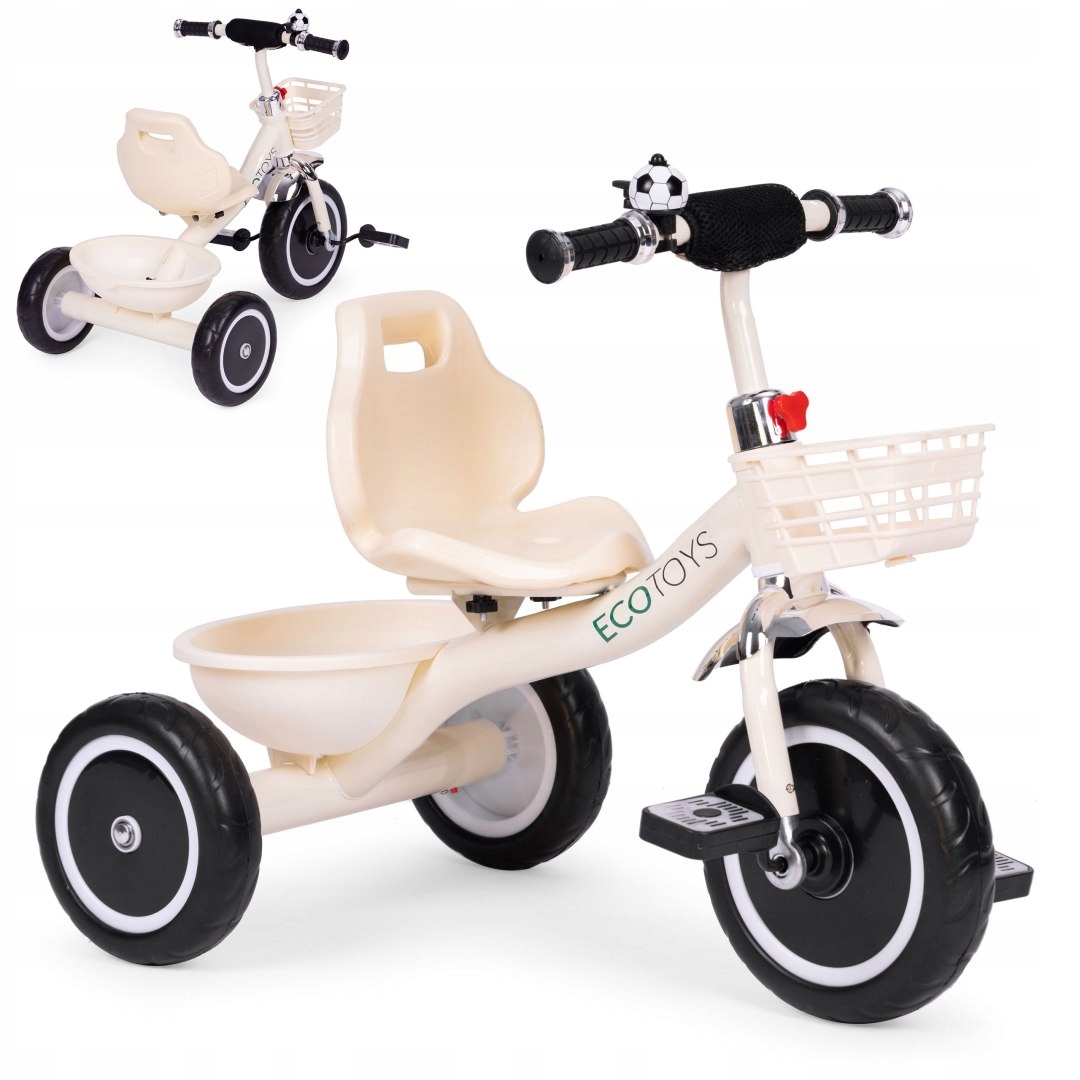Rowerek Trójkołowy Antypoślizgowe Uchwyty Dzwonek Koszyk Beżowy Ecotoys