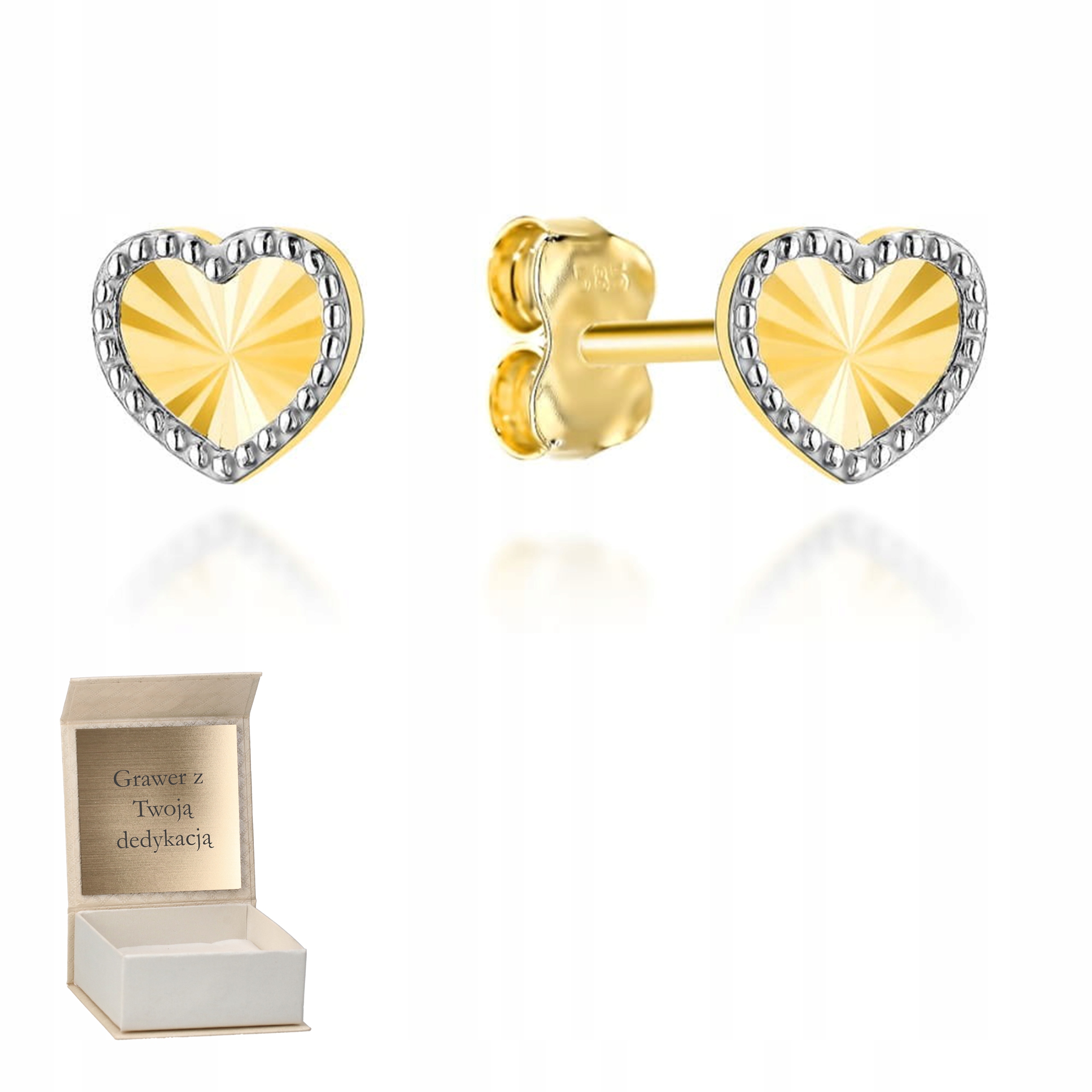 Zlaté náušnice Diamantové srdce ve dvou barvách tyčinka ryzost 585 Gravírování