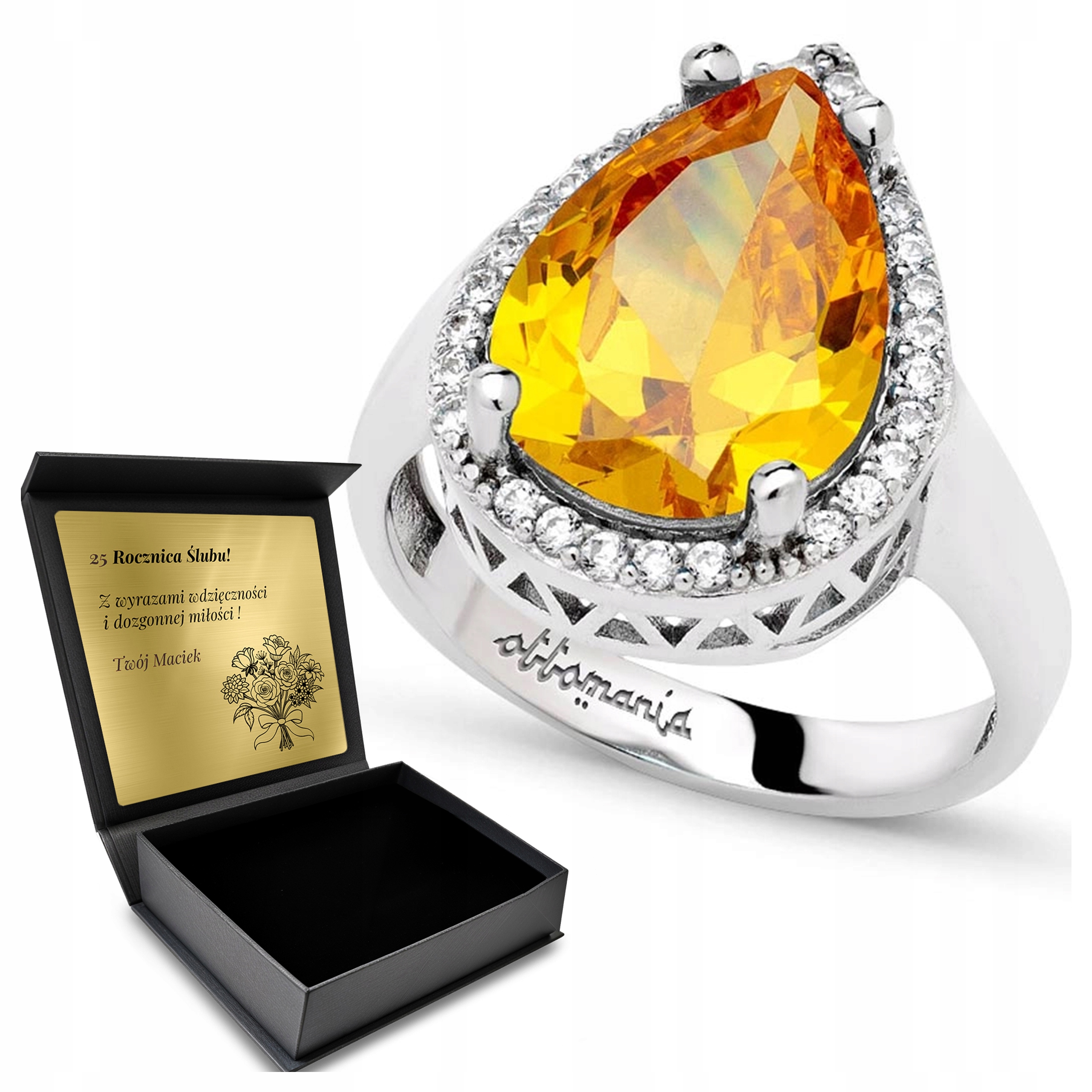 Prstýnek 925 Zirkony Citron Šperky Pro Ženy Gravírování Bonus