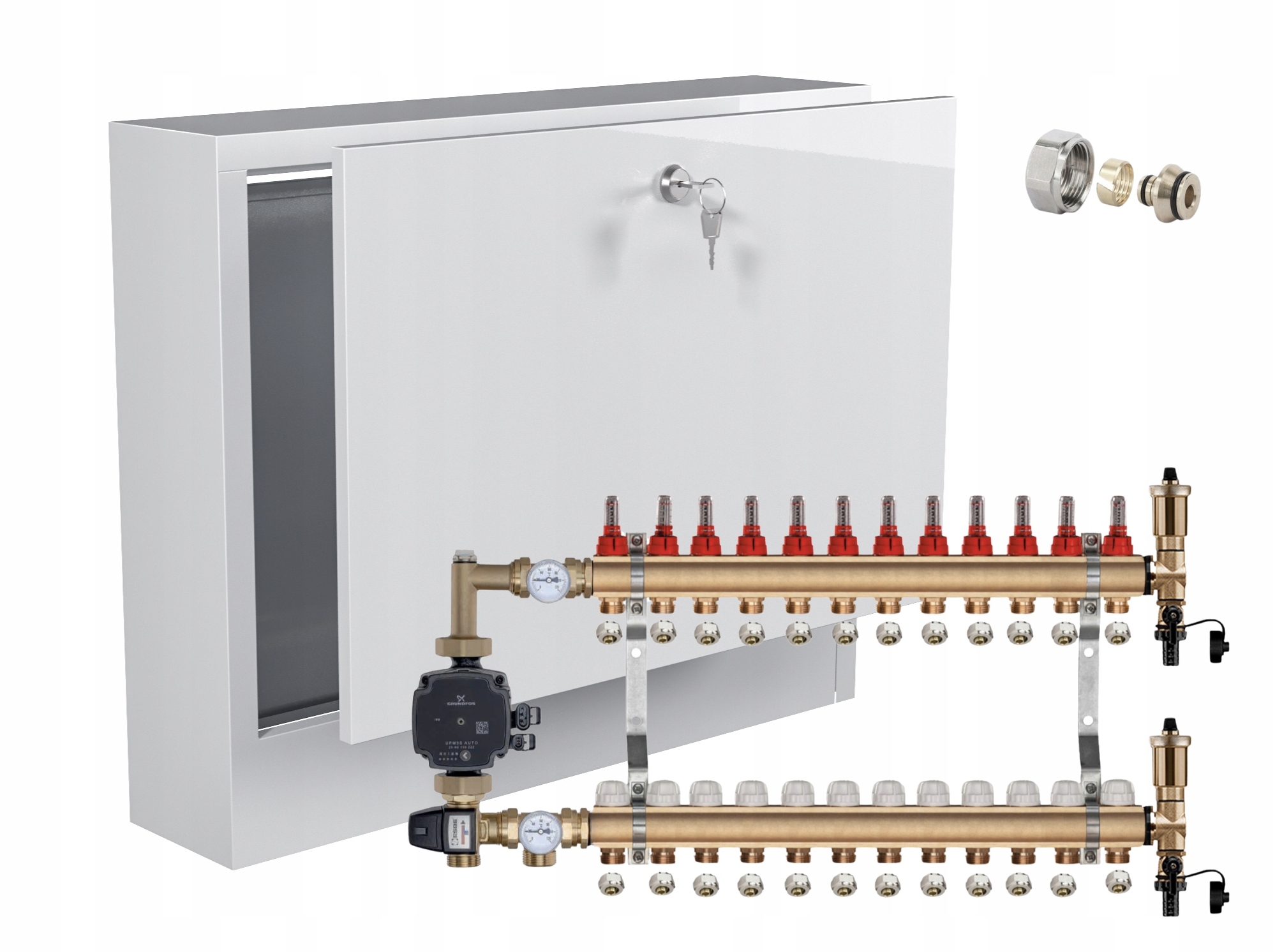 Rozdělovač pro podlahovku 12 s Grundfos Pex Nástěnná Skříňka