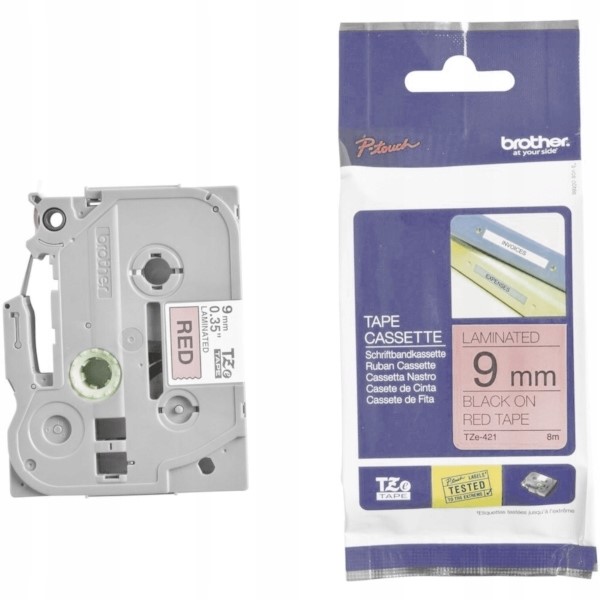 Taśma Brother 9mm/8M TZE421 Podkład Czerwony Nadruk Czarny