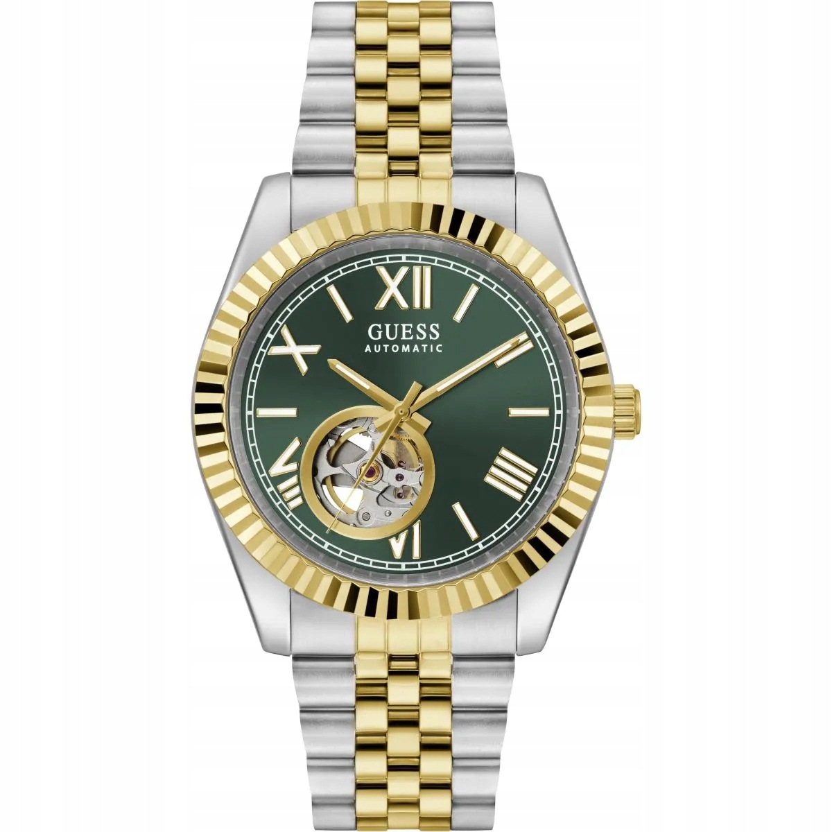 Guess Connoisseur – stříbrně-zlaté automatické hodinky se zeleným ciferníkem
