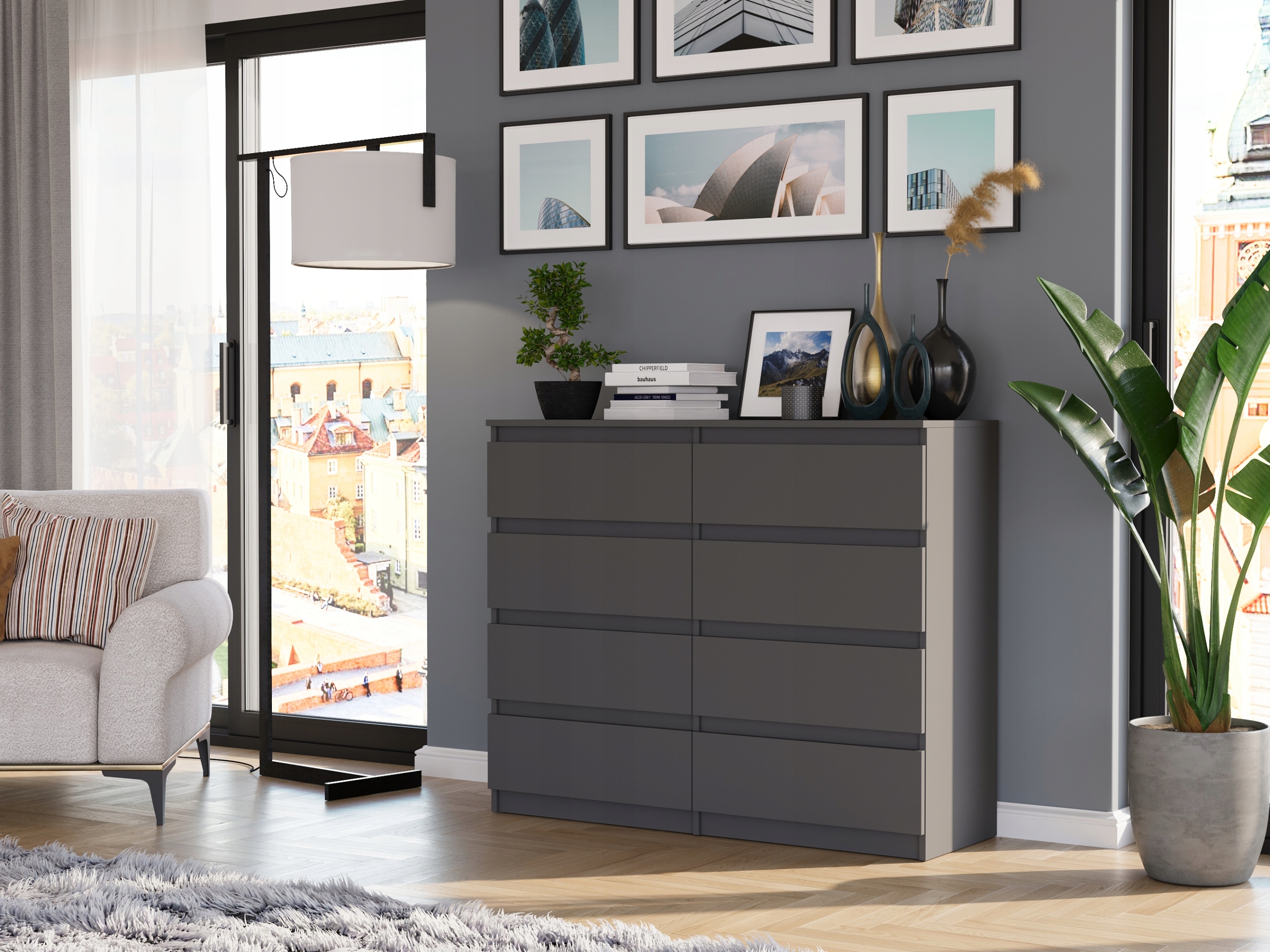 Nowoczesna KOMODA 120CM SZAFKA 8 SZUFLAD PL R-120-S8 ANTRACYT