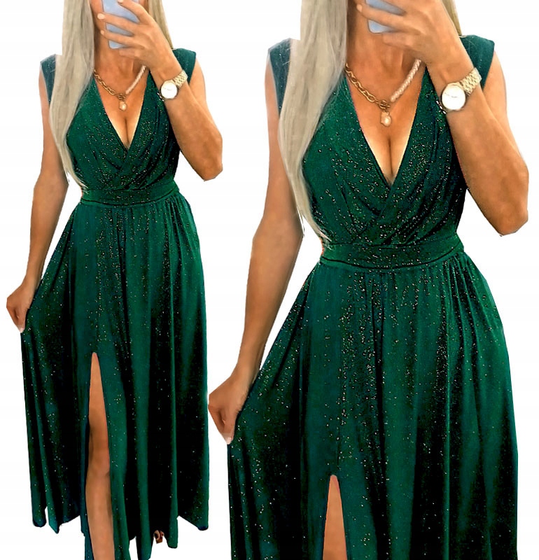 Sukienka Długa Z Rocięciem Wesele Butelkowa Zieleń