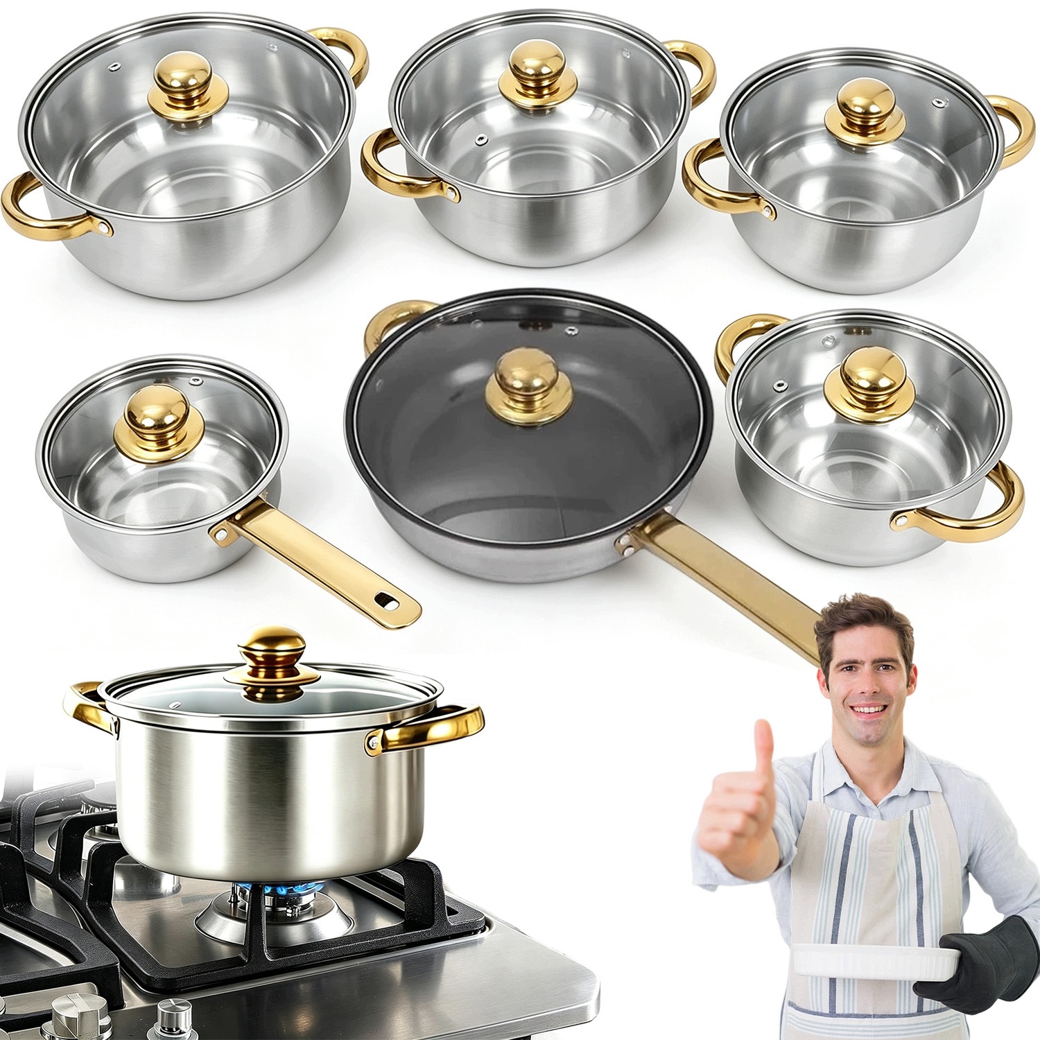 12 X Kuchyňské Nádobí Z Nerezové Oceli Hrnce S Poklicemi Indukce Plyn