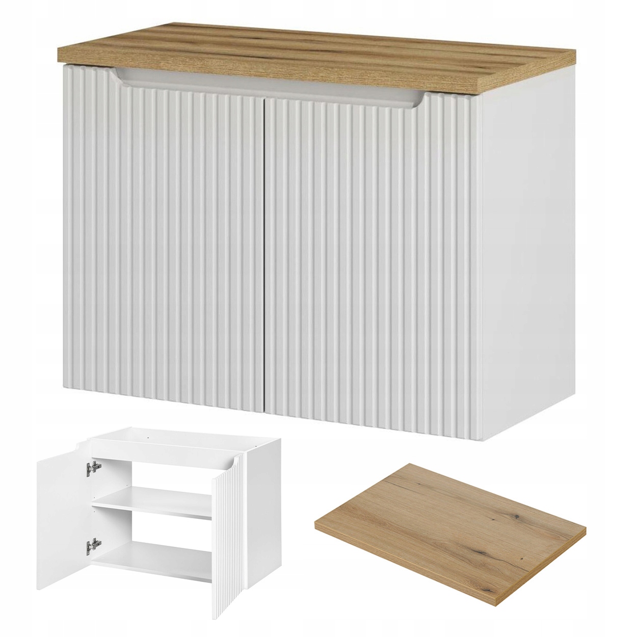 Skrinka pod umývadlo s doskou Rilla White 80 cm, biela, farba dub, doska