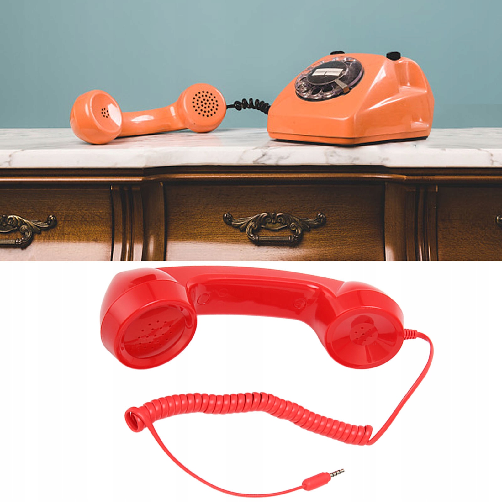 SŁUCHAWKA RETRO DO TELEFONU SMARTFONA JACK 3.5MM REGULACJA GŁOŚNOŚCI CZERWO Stan opakowania oryginalne