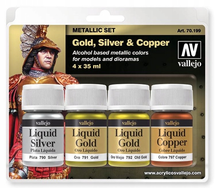 Vallejo: 70.199 Metalická sada Liquid Gold, Silver & Copper (4x35 ml) /Va