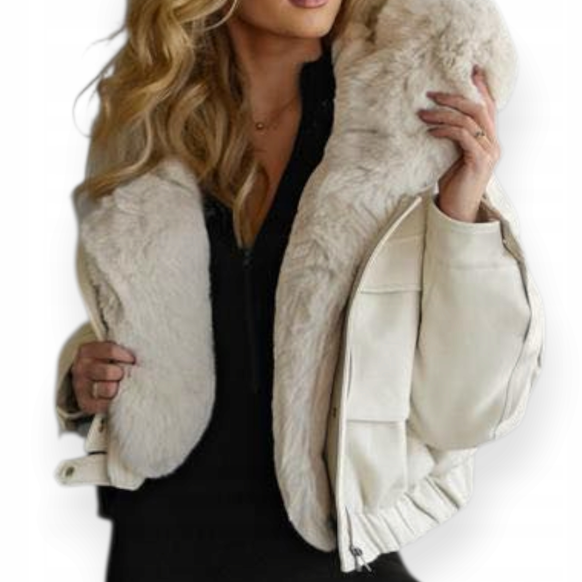 Bunda z ekokůže s objemnou kožešinou, béžová, velikost M