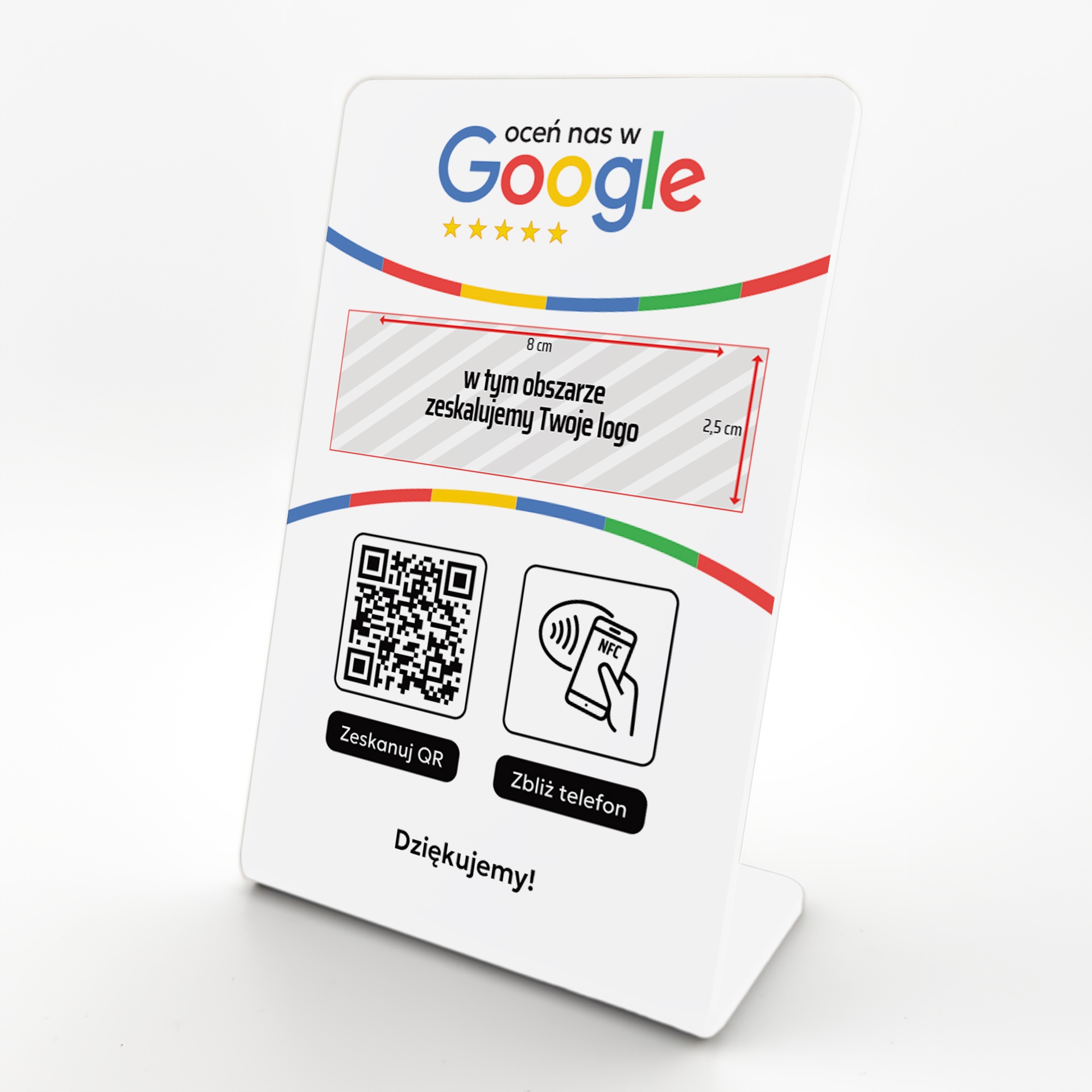 Stojak NFC QR stand prezenter gięty tabliczka do opinii Google z LOGO FIRMY