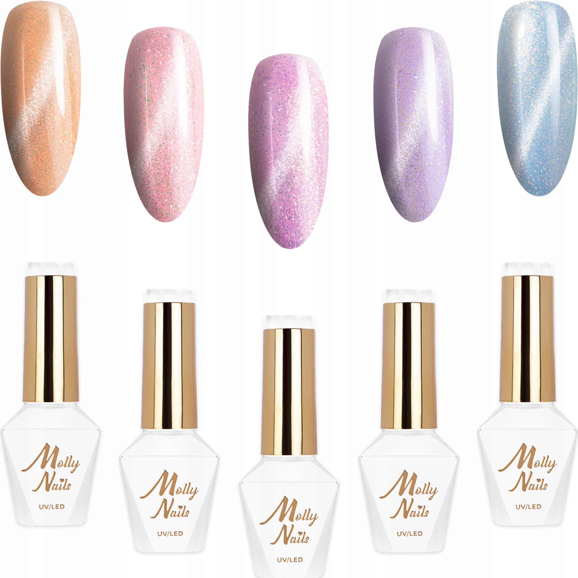 5x Hybridní lak Mollynails 8 g Cat Eye Pastel Set 5v1 Kočičí oko