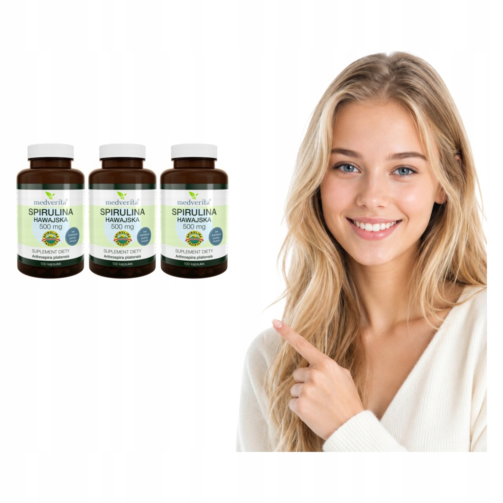 3x Medverita Spirulina Hawajska Pacifica 500 mg Arthrospira Alga 100 kaps.
