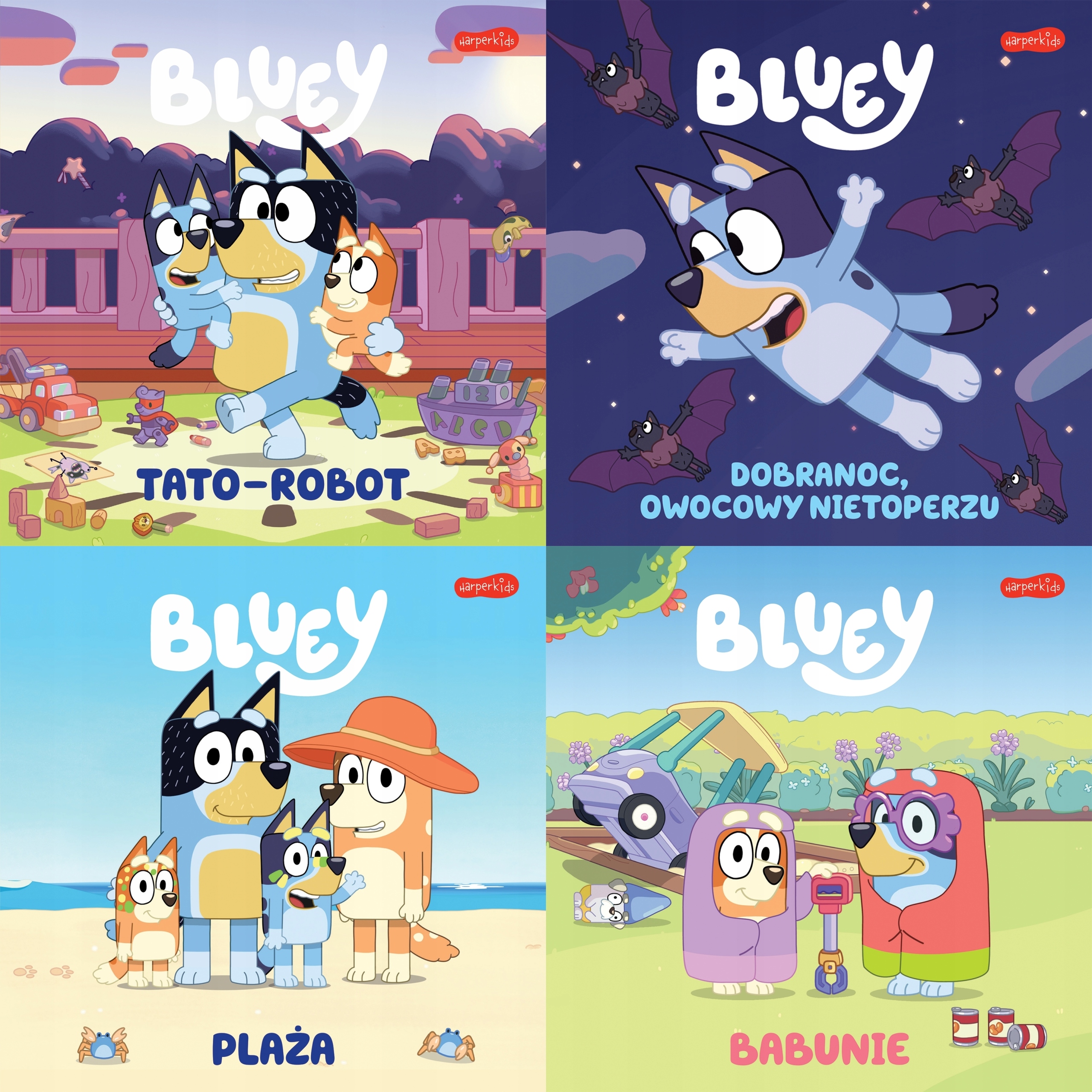 Pakiet 4 X Bluey Plaża Tato-robot Babunie Dobranoc