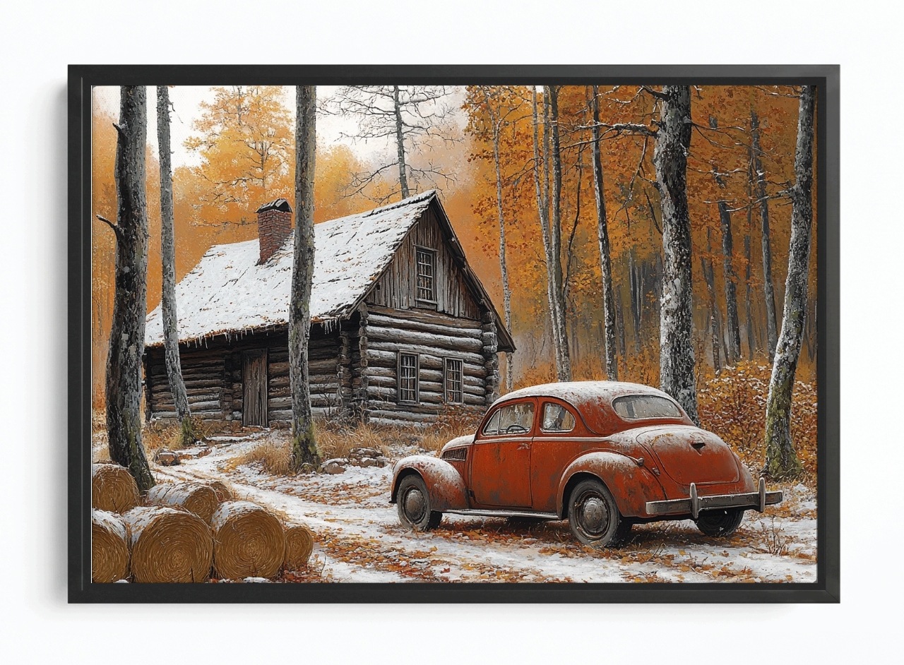 Obraz Rám American Box Zima Sníh Les Dům Chatka Auto Vintage 60x40