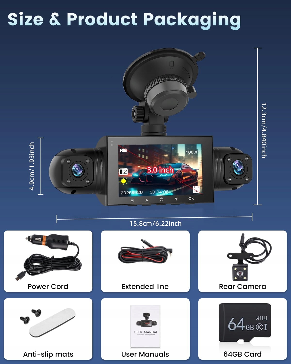 NHOPEEW 4-Channel 1080P Dash Cam 360° 3" Screen G-Sensor 64GB — miniatura 7