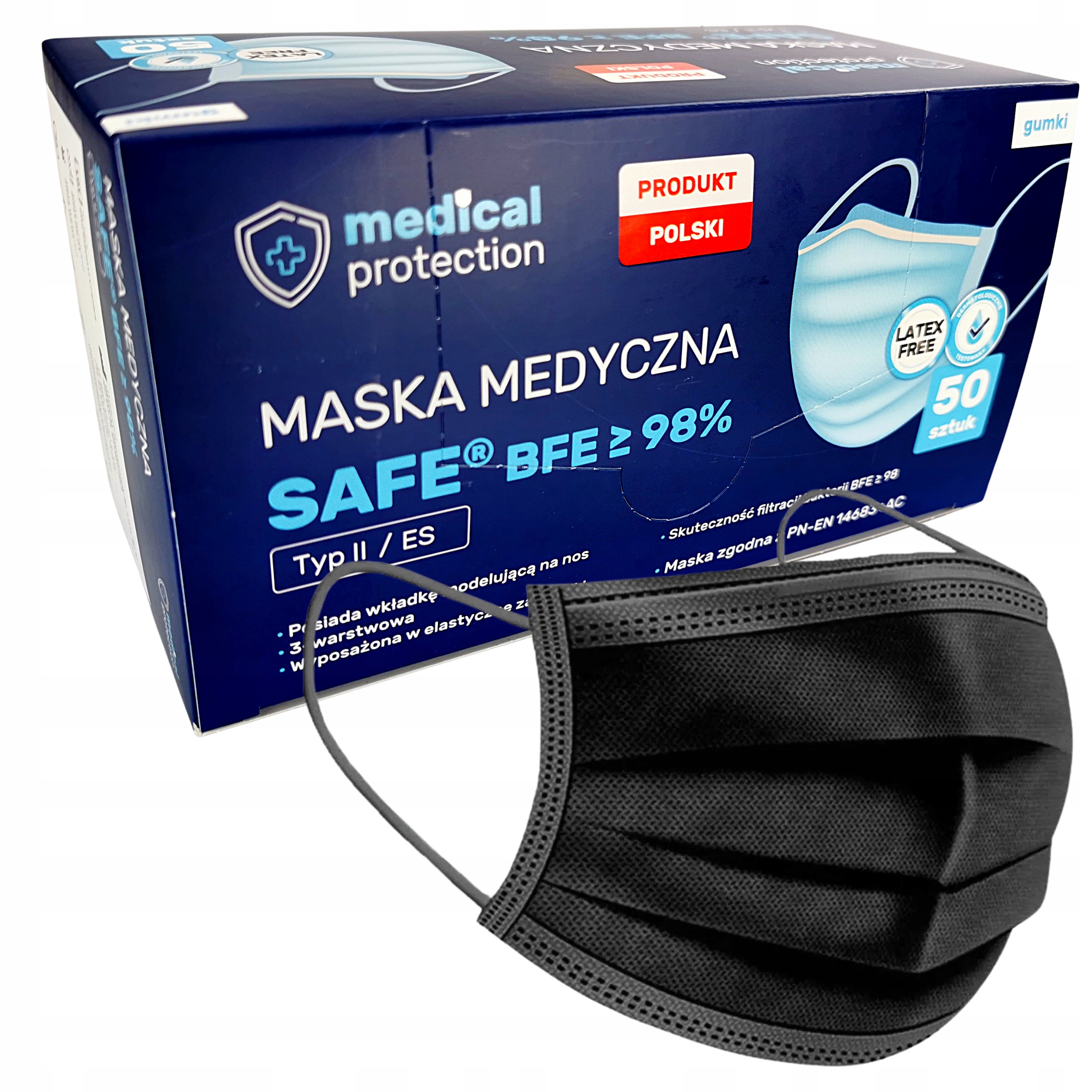 

100 x Polskie Maski Maseczki Medyczne Atest Czarne