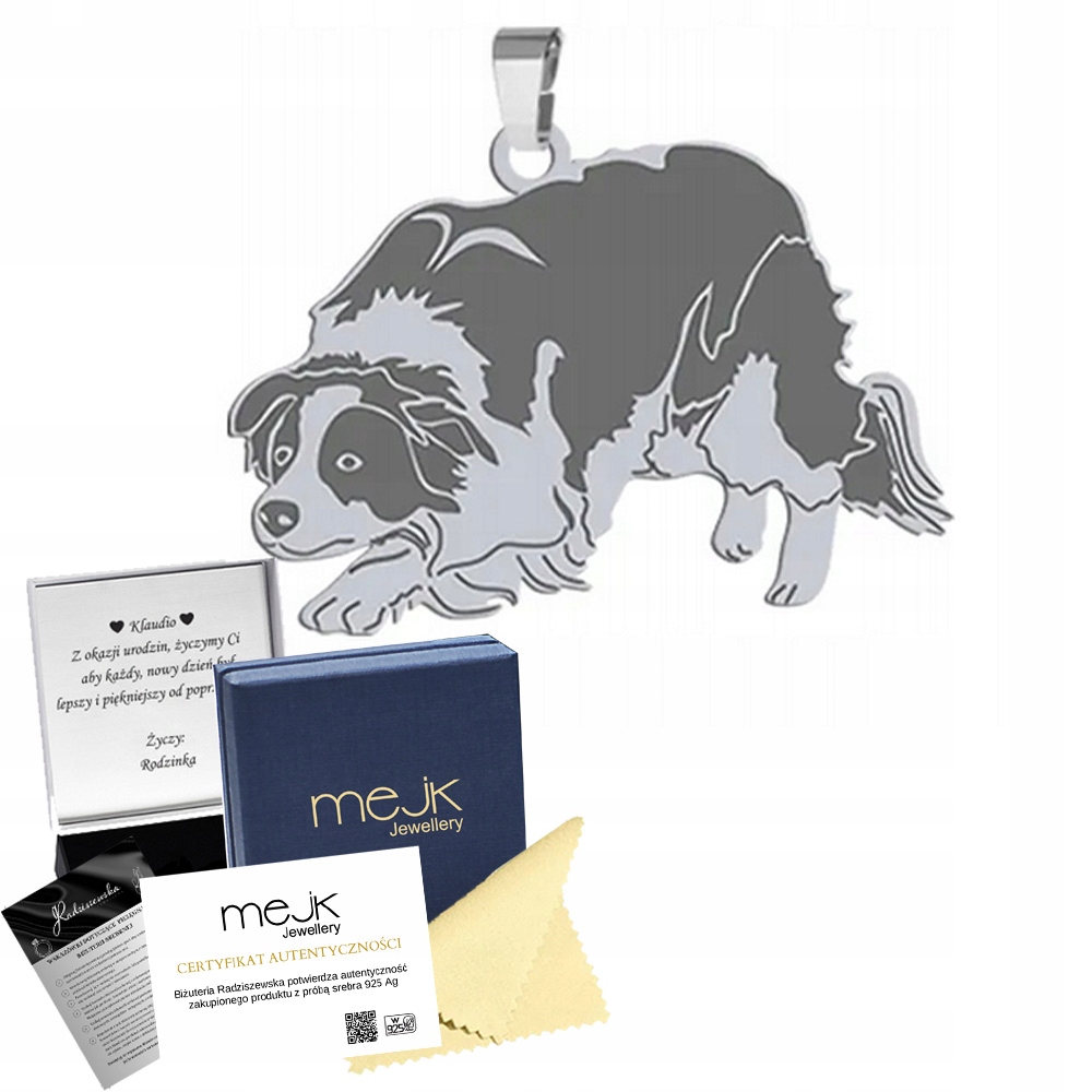 Stříbrný přívěsek Border Collie 925 Žena Šperky Dárek Gravírování Bonus