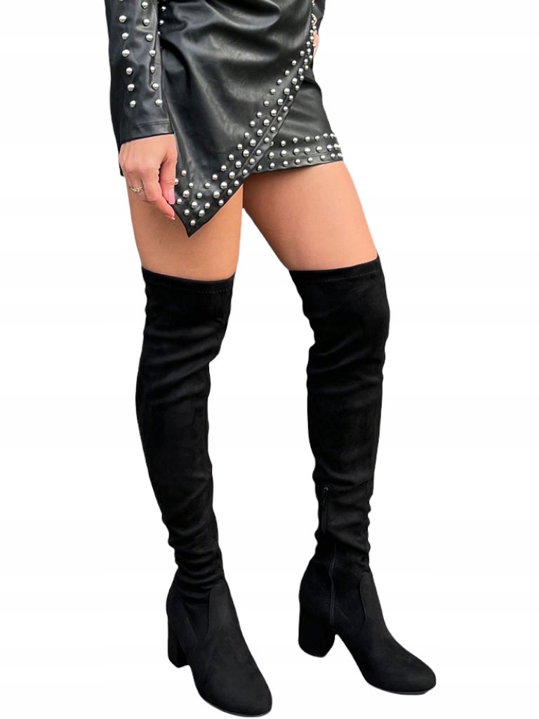 Dlouhé Kozačky Za Koleno Na Podpatku Černý Semiš, Dámské Mušketýrky, Velikost 36