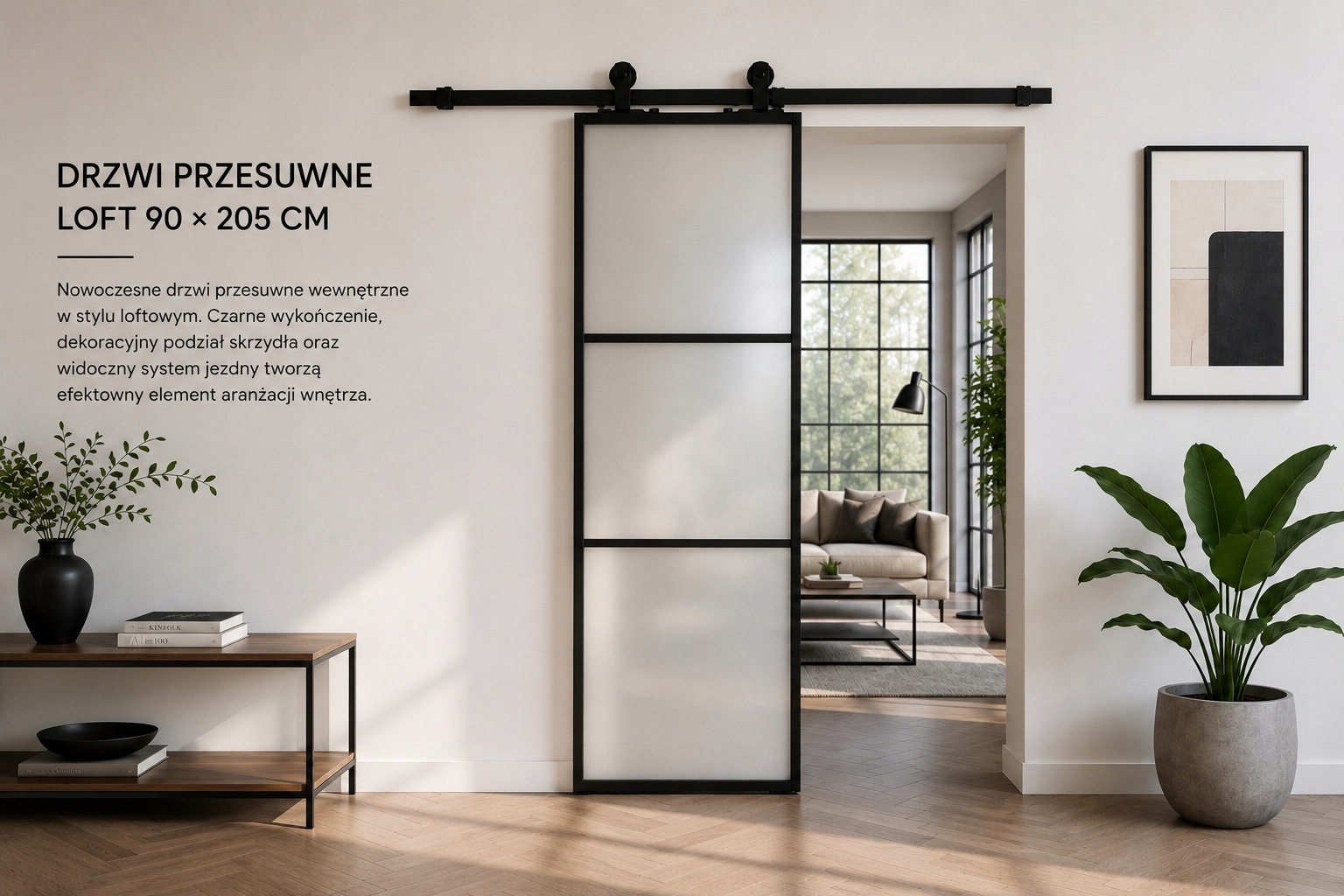 Drzwi wewnętrzne przesuwne loft 90 × 205 cm mleczne szkło