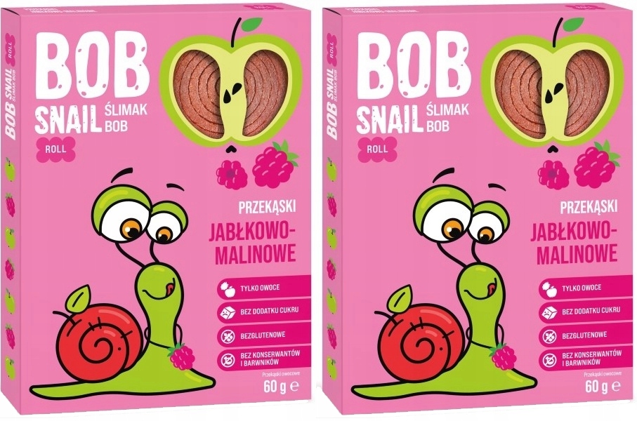 2 ŚLIMAK Bob Snail ROLL PRZEKĄSKA ZAWIJAS jabłko-malina 60g 0 CUKRU OWOCOWA