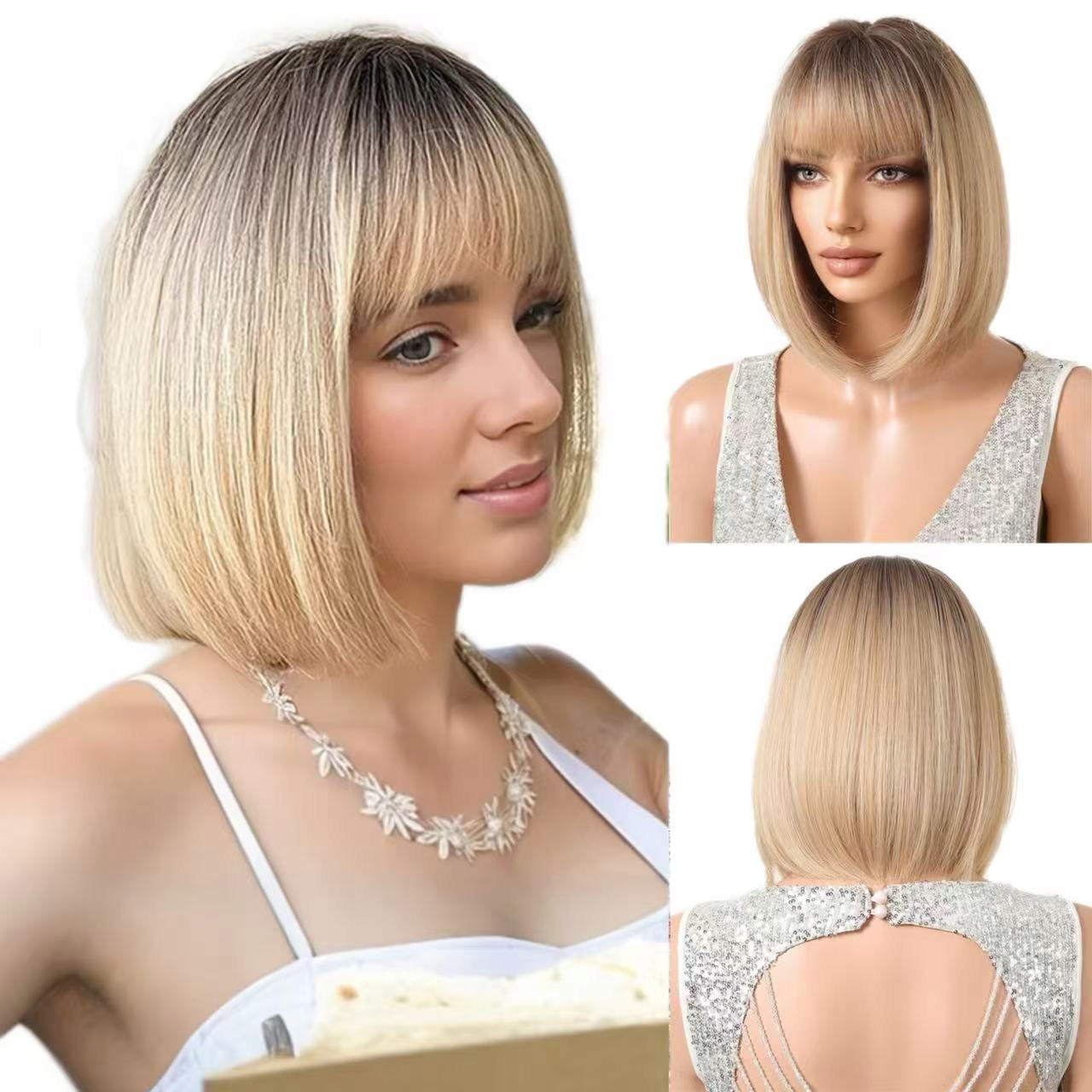Dámská paruka Bob Ombre Blond Dámské paruky Krátké vlasy 31 cm s ofinou