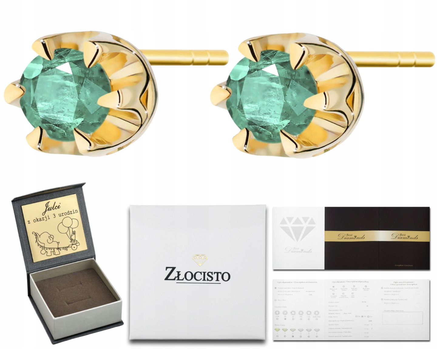 Zlaté Náušnice S Přírodními Kameny, Smaragd A Diamanty, Zlatý Pízdek 585