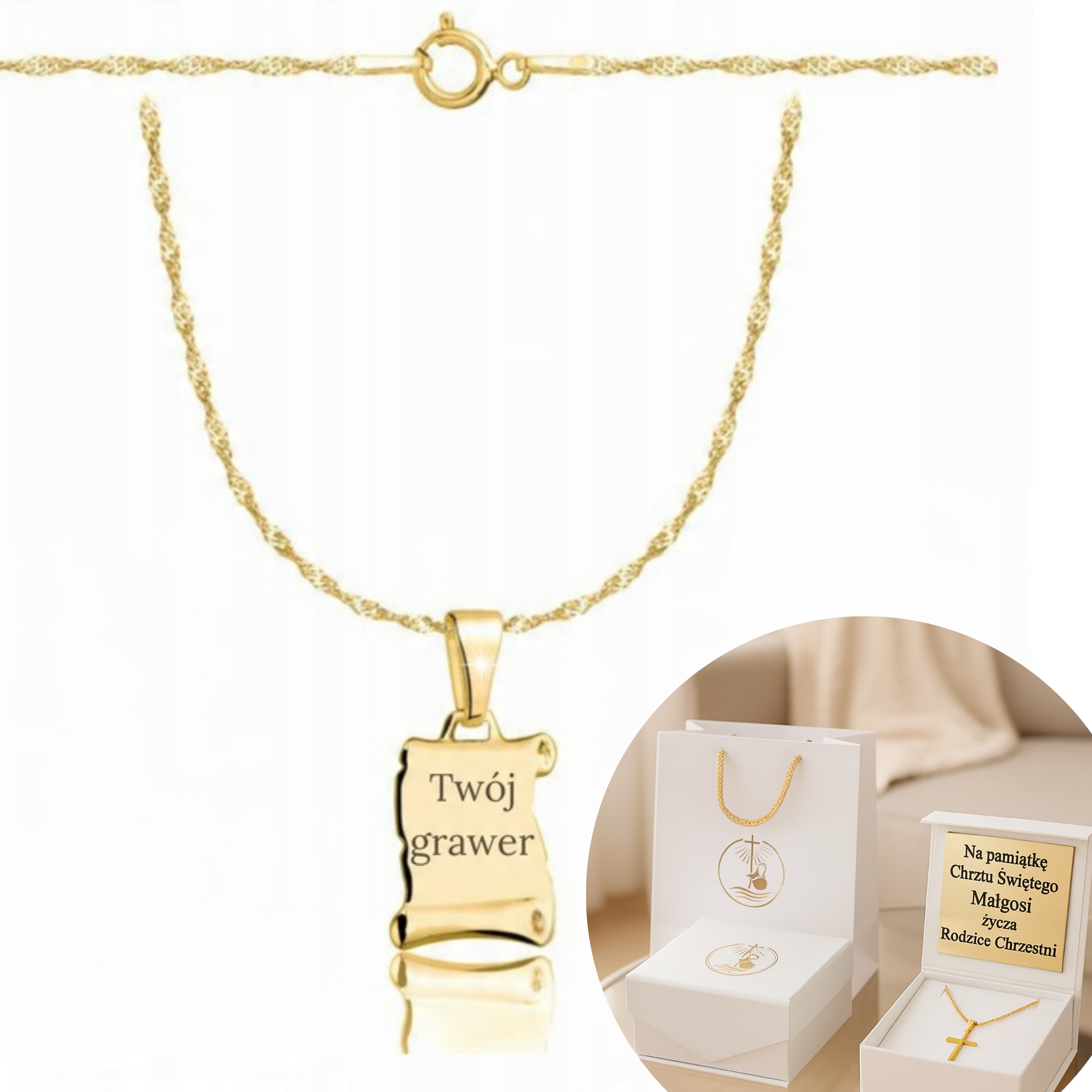 Zlatý Řetízek Na Křtiny Přijímání S Přívěskem Pr 925 585 Gravírování Suvenýr
