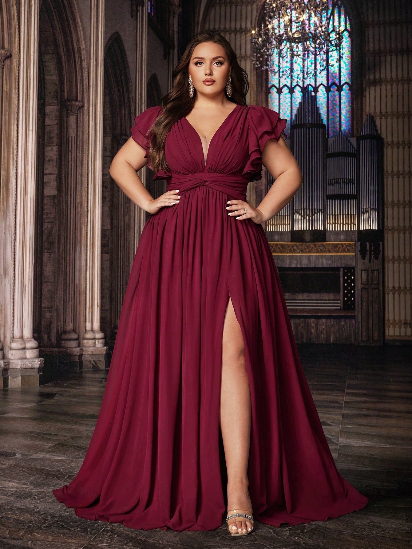 Shein Plus Size Bordó Šaty S Volánky Na Rukávech 48 1MC