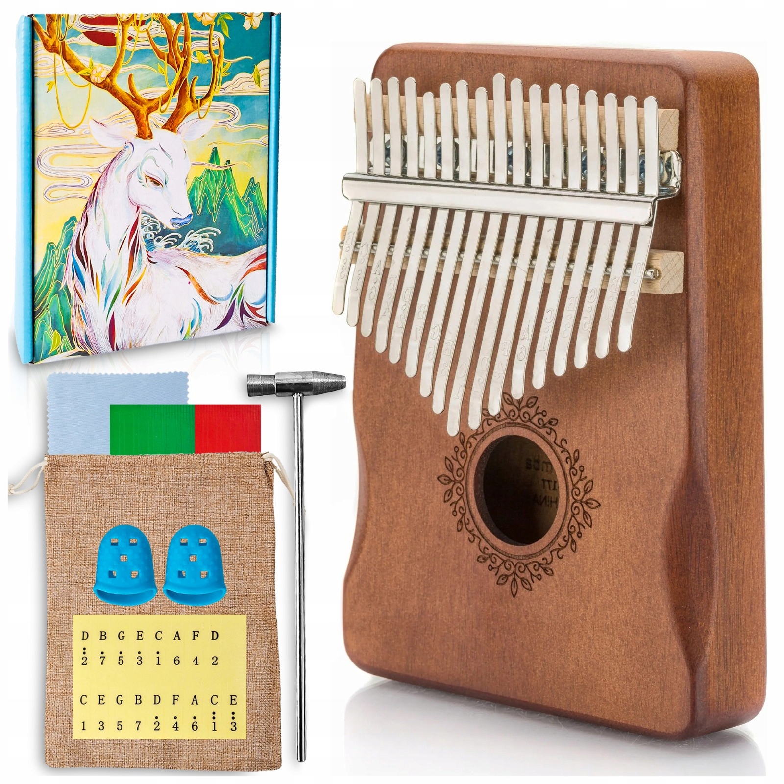 KALIMBA INSTRUMENT PIANINO 17 DREWNIANA AFRYKAŃSKI ZESTAW AKCESORIA + ETUI