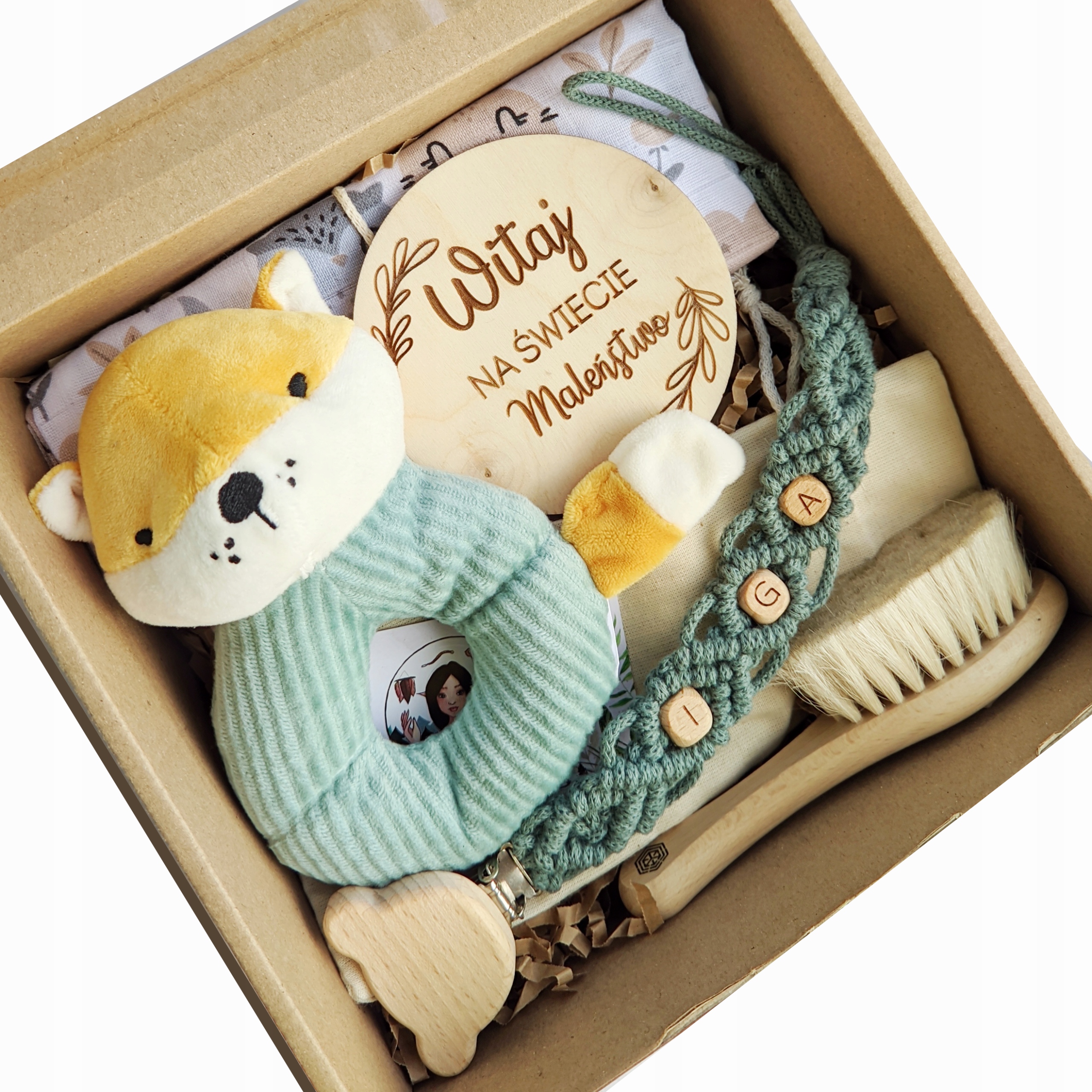 přívěsek na dudlík makramé baby gift box sada jako dárek pro miminko