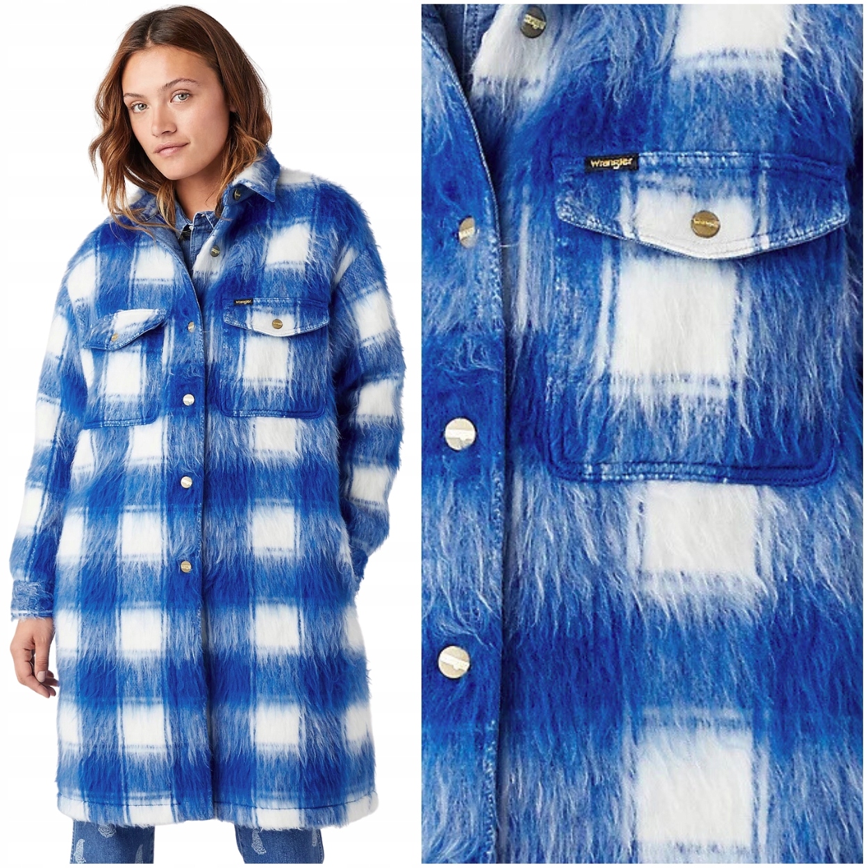 Wrangler Plush Wool Jacket dlouhá volná dámská bunda s příměsí vlny, velikost XL