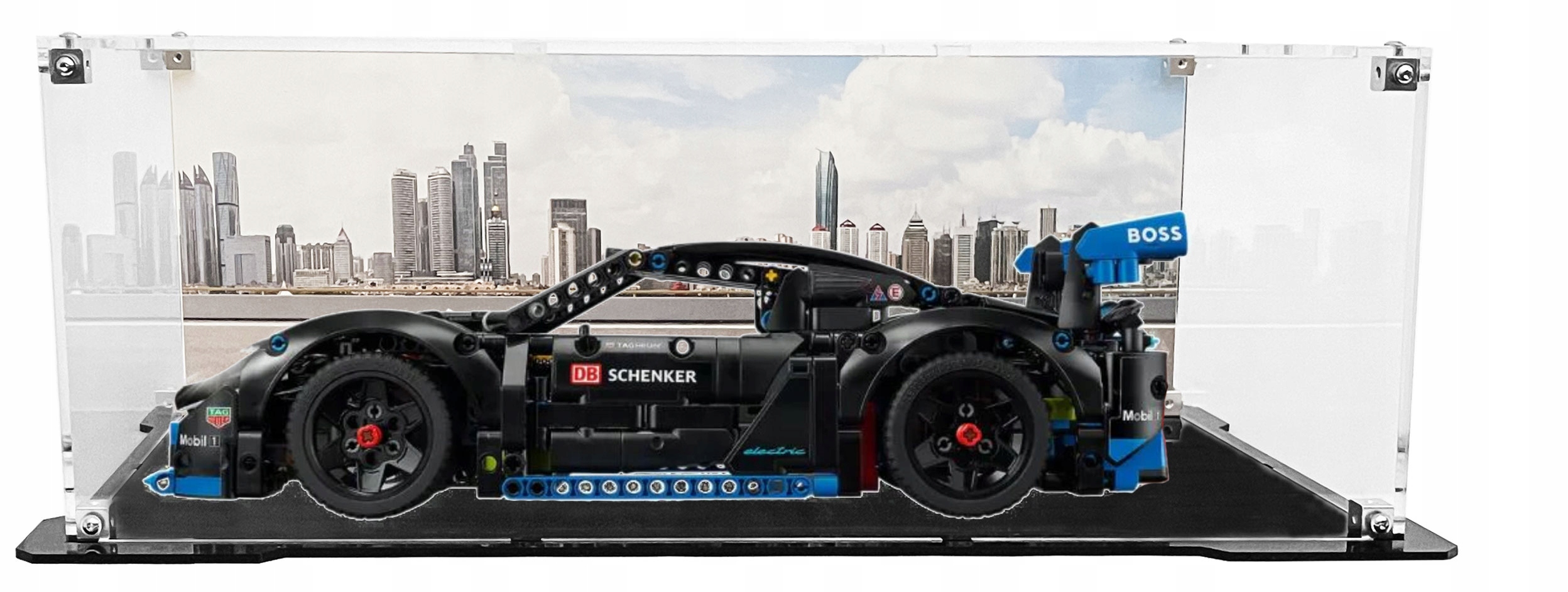Vitrína s černou základnou a pozadím pro sadu Lego 42176 – Porsche GT4