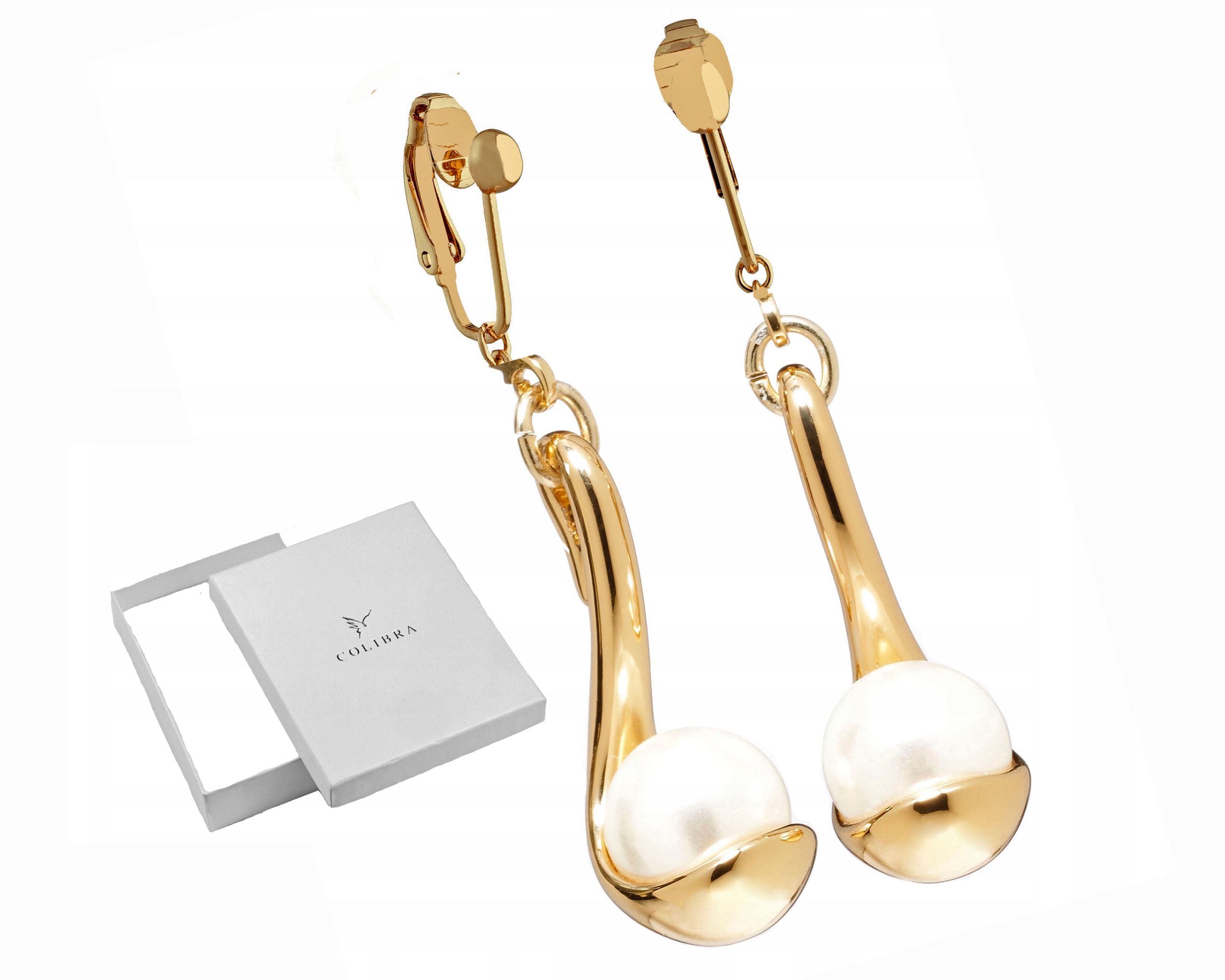 

Długie Klipsy Perła Złote Perłki Swarovski Colibra