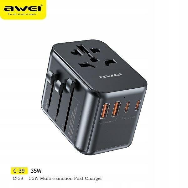 Awei Síťový adaptér 2x USB+3x Usb-c C-39 35W 4v1 Us/au/eu/uk černý