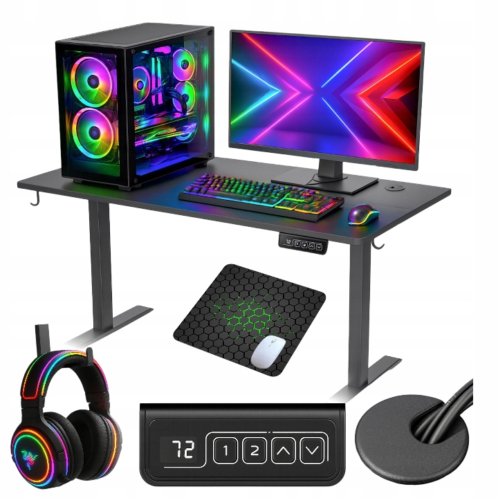 Elektrický Herní Stůl nastavitelný Černý 140x60cm Dárek Podložka