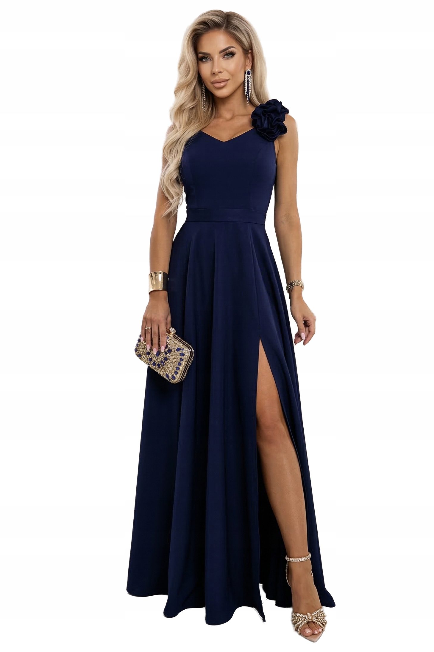 Elegantní večerní maxi šaty s rozparkem a růžemi – tmavě modré
