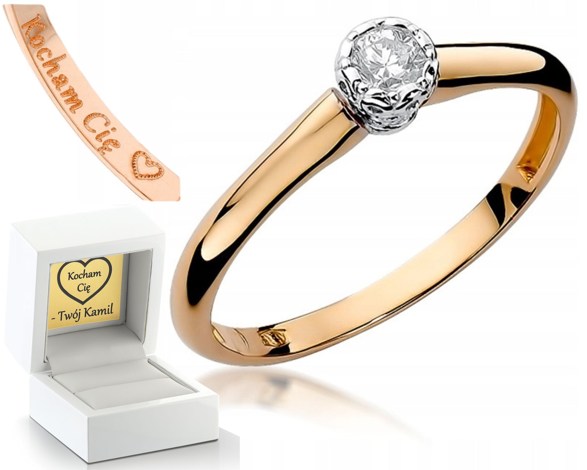 Růžové Zlato Prstýnek S Diamantem 585 Gravírování Zásnubní Dárek