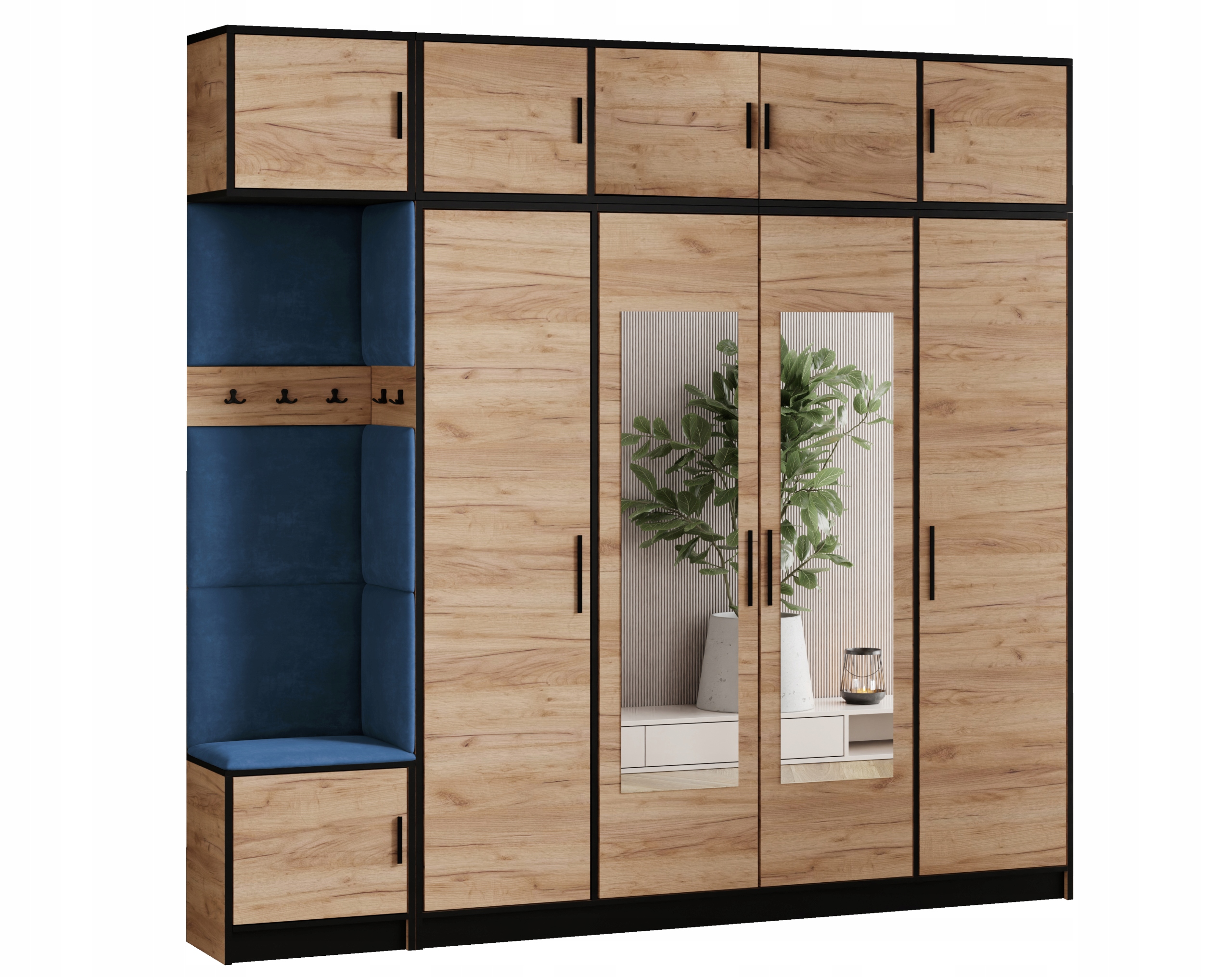 Šatní skříň Dior 15 dub craft zlatý modrá tkanina, sedák s nástavcem