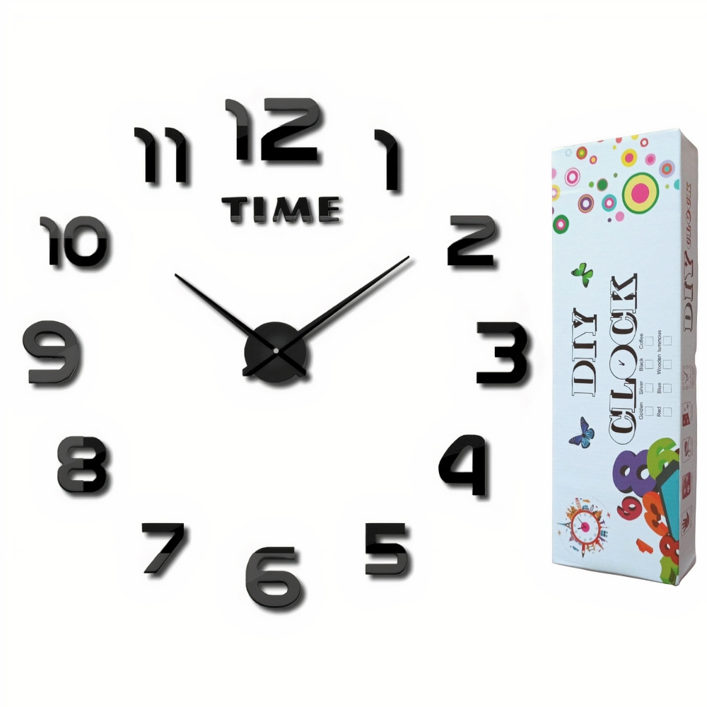 ZEGAR ŚCIENNY DUŻY NAKLEJANY NA ŚCIANĘ 3D CICHY 65-130 cm CZARNY CZYTELNY Marka bez marki