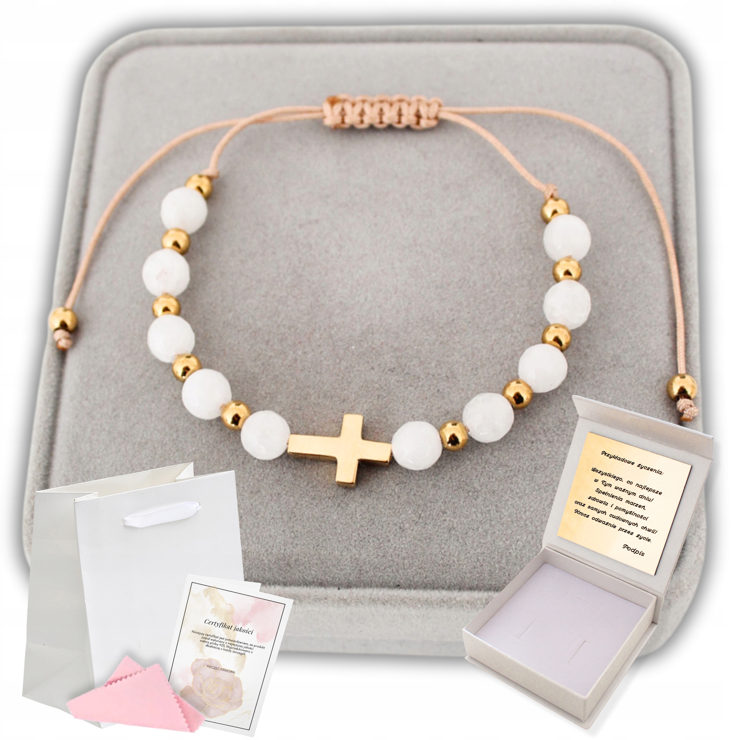 Náramek Růženec na ruku s kamínky na provázku pro svaté přijímání Biřmování