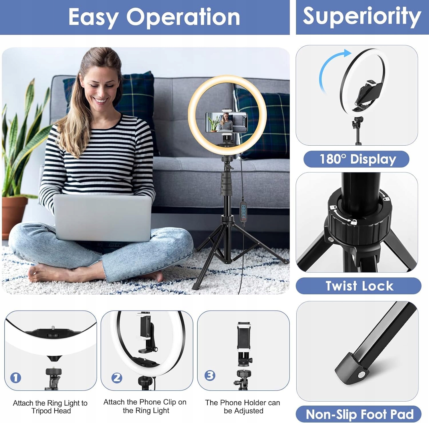 UBEESIZE 12" Ring Light & 62" Stand for Streaming, Makeup, YouTube — miniatura 5
