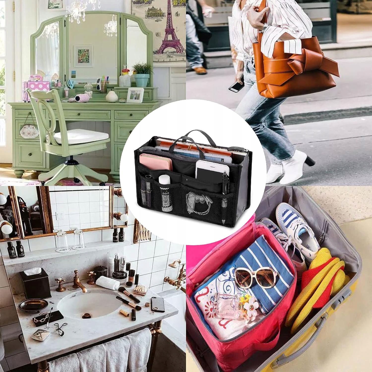 ORGANIZER DO TOREBKI WALIZKI KOSMETYCZKA Kuferek TURYSTYCZNA TORBA pojemna Cechy dodatkowe haczyk do zawieszania kieszonka z siatki uchwyt do przenoszenia